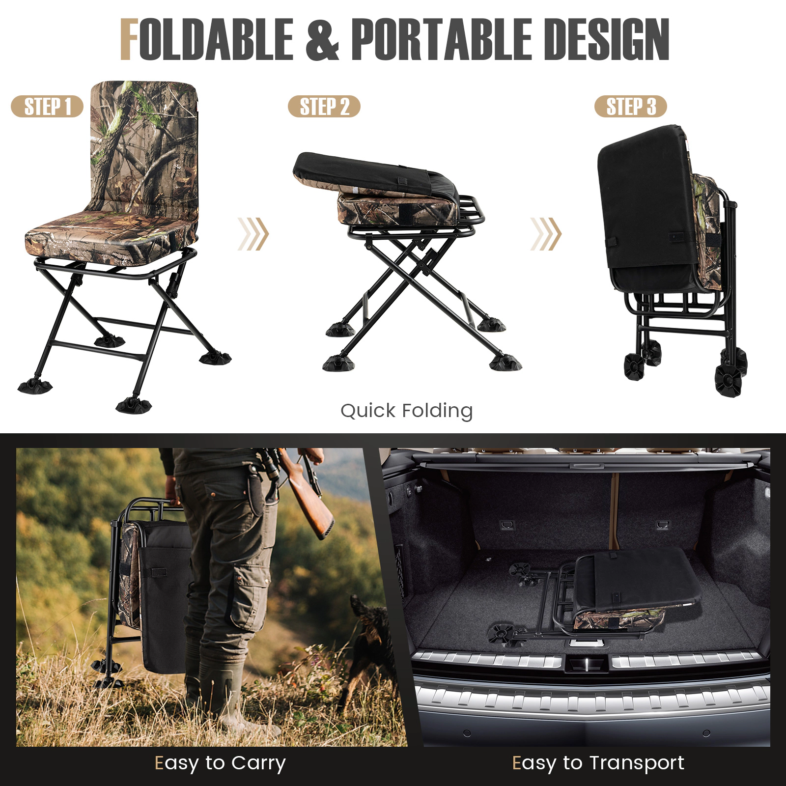 SUGIFT Swivel Folding Hunting Chair with Backrest and Padded Cushion 330-lb Capacity Camouflage