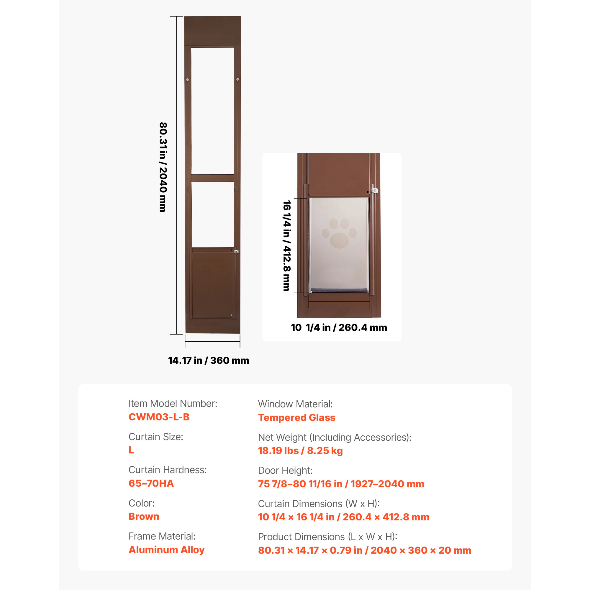 HONGGE Dog Door for Sliding Glass Door, Adjustable 75 7/8 to 80 11/16 In Height, Aluminum Frame with Lock, Brown