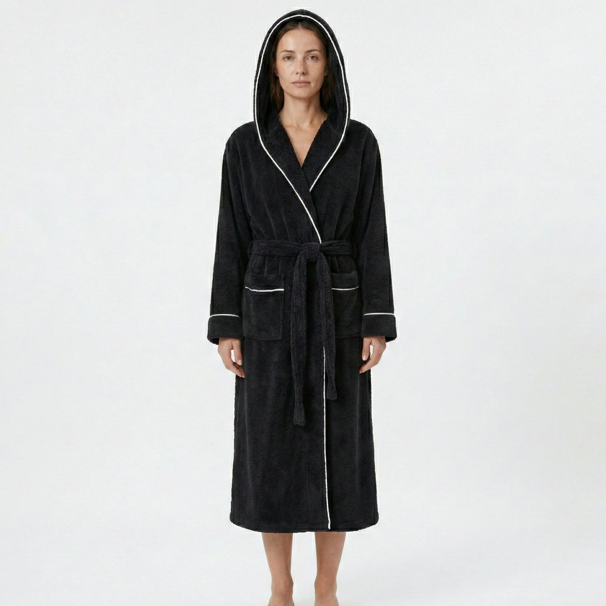 Anna-Kaci Women's Plush Hooded Long Bathrobe with Full Length Wrap Design Adjustable Waist Tie Contrast Trim and Pockets