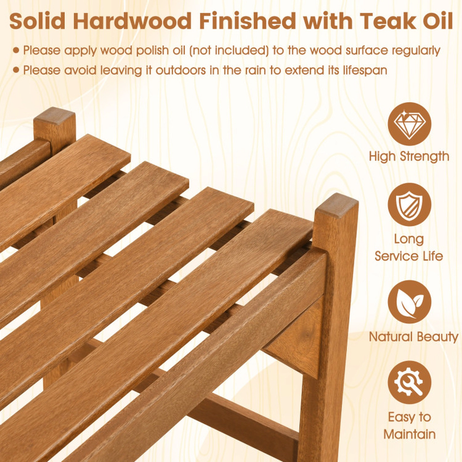 SUGIFT Solid Hardwood Outdoor Bench with Slatted Contoured Seat 530-Lb Capacity Natural