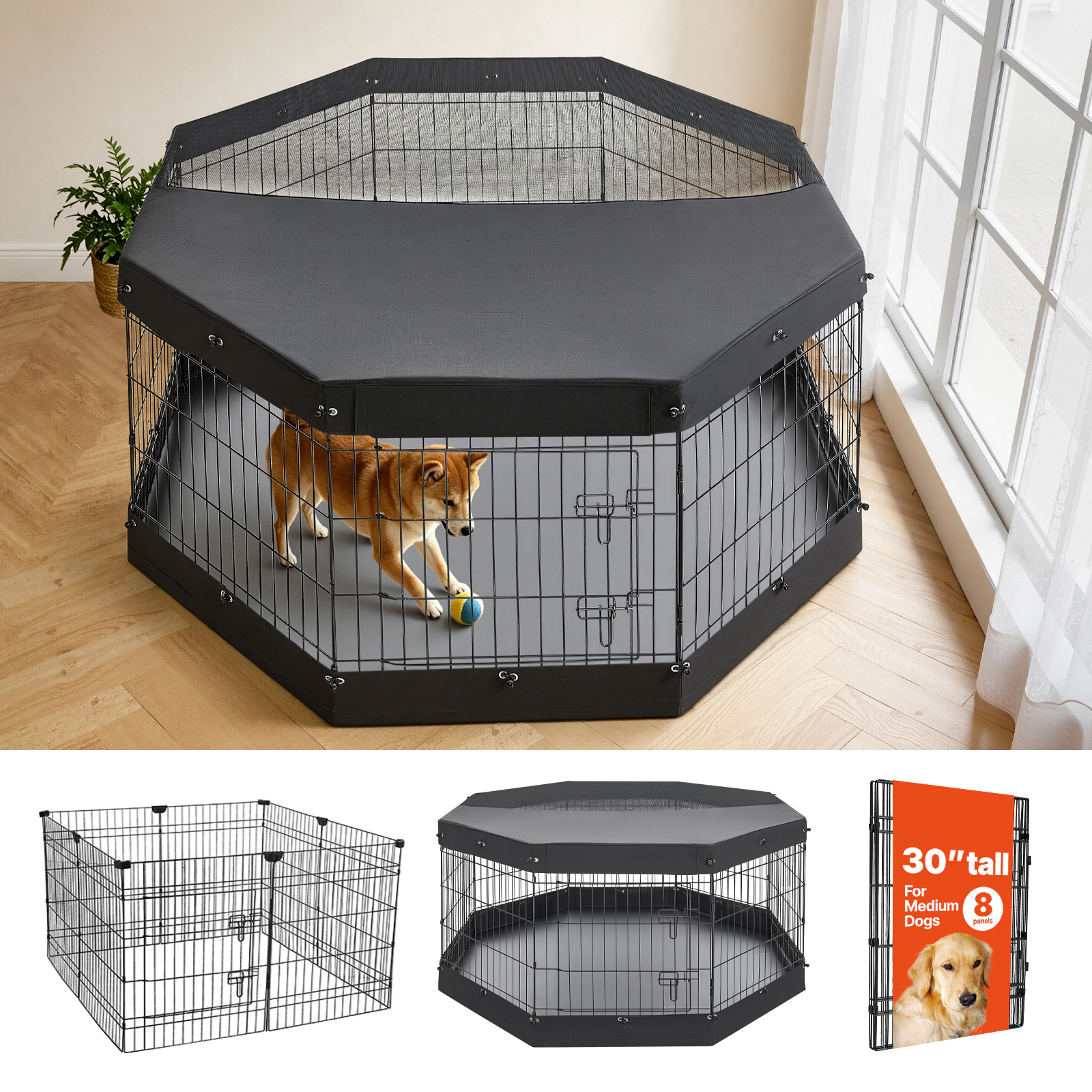 HONGGE Heavy Duty 8 Panel Dog Playpen with Door, Foldable Metal Pet Fence for Dogs, Cats, and Small Animals