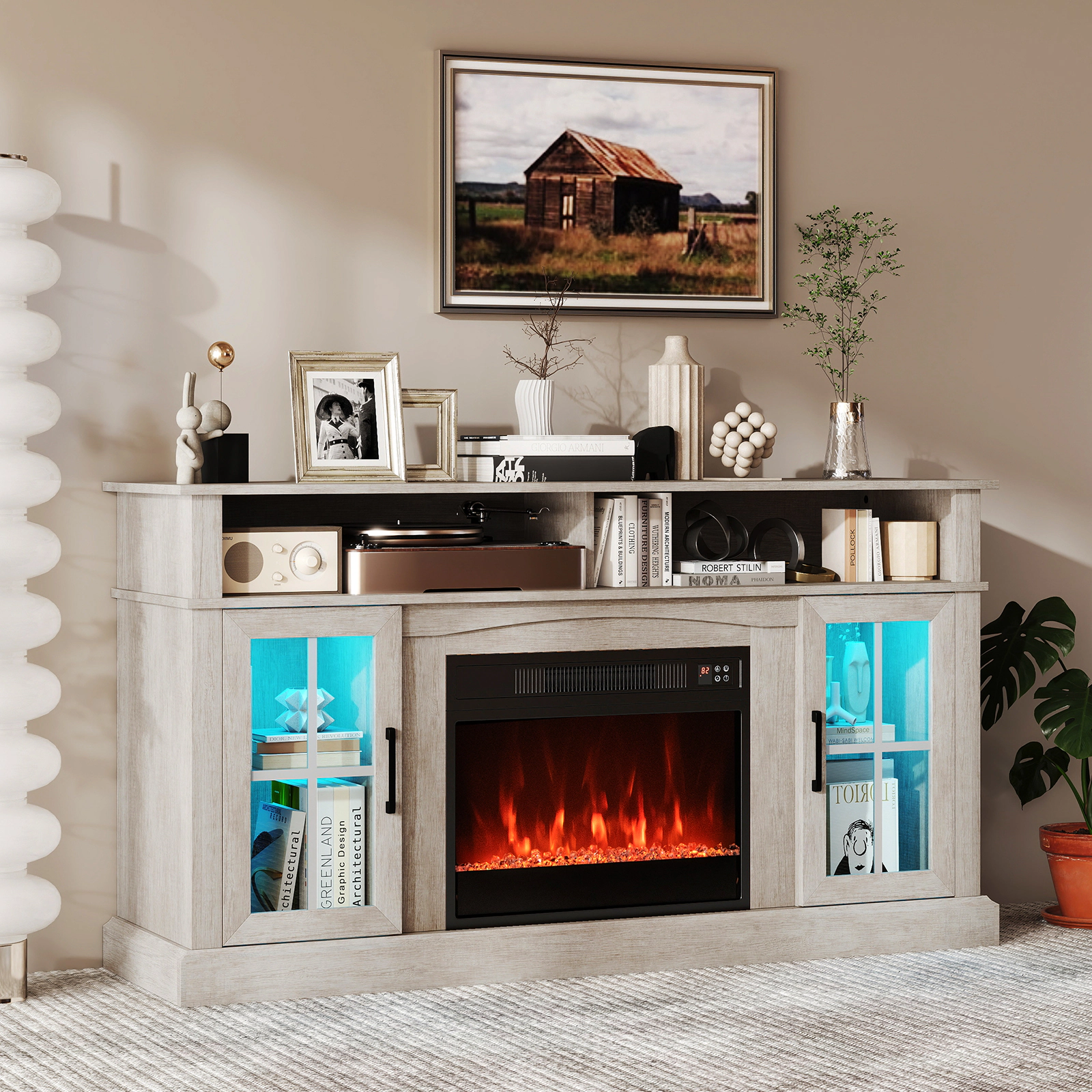 LJG 58 Inch Fireplace TV Stand with LED Lights Storage Cabinets and Glass Doors
