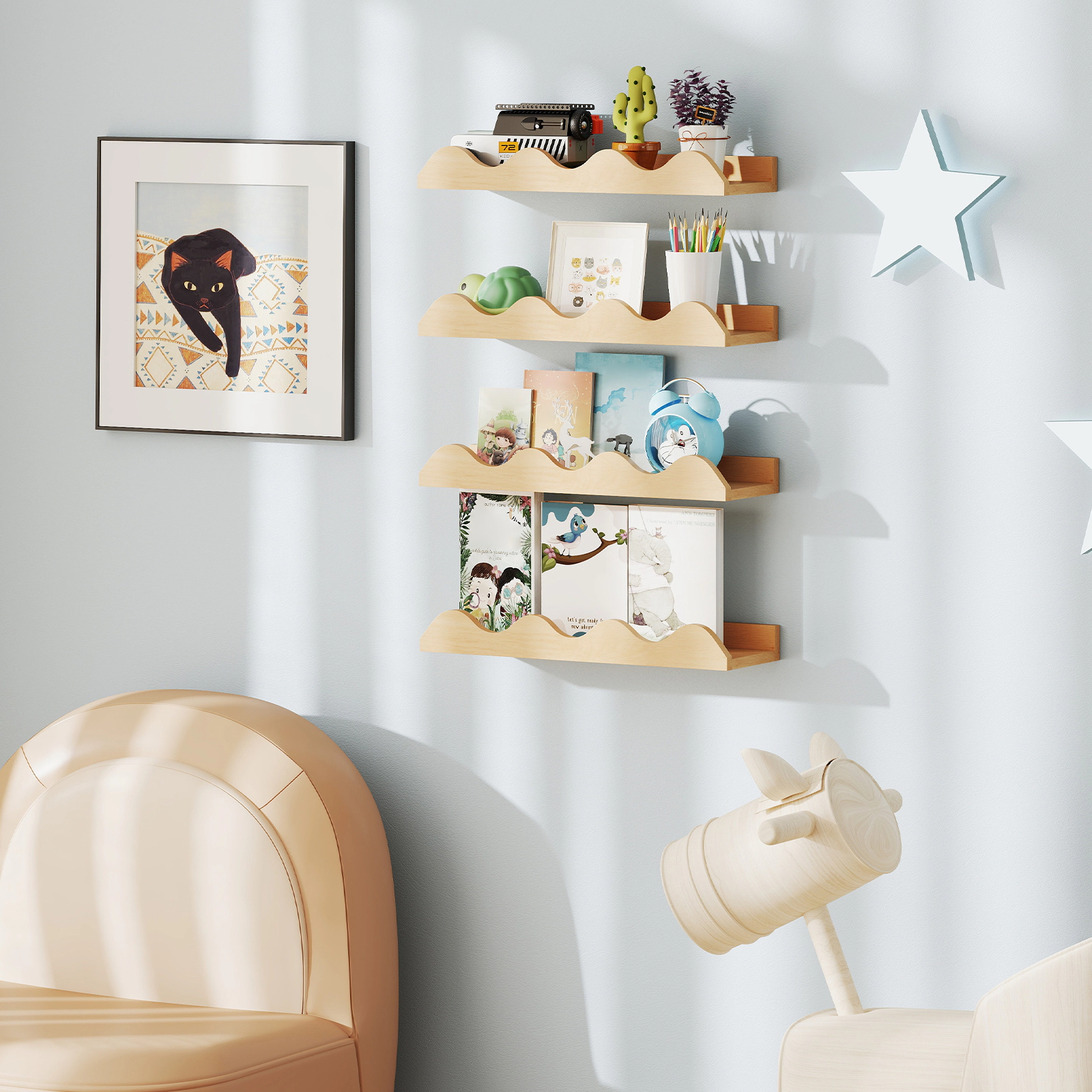 LJG 16 Inch Kids Bookshelf Set of 4 Floating Nursery Book Shelves for Decoration Toy Storage