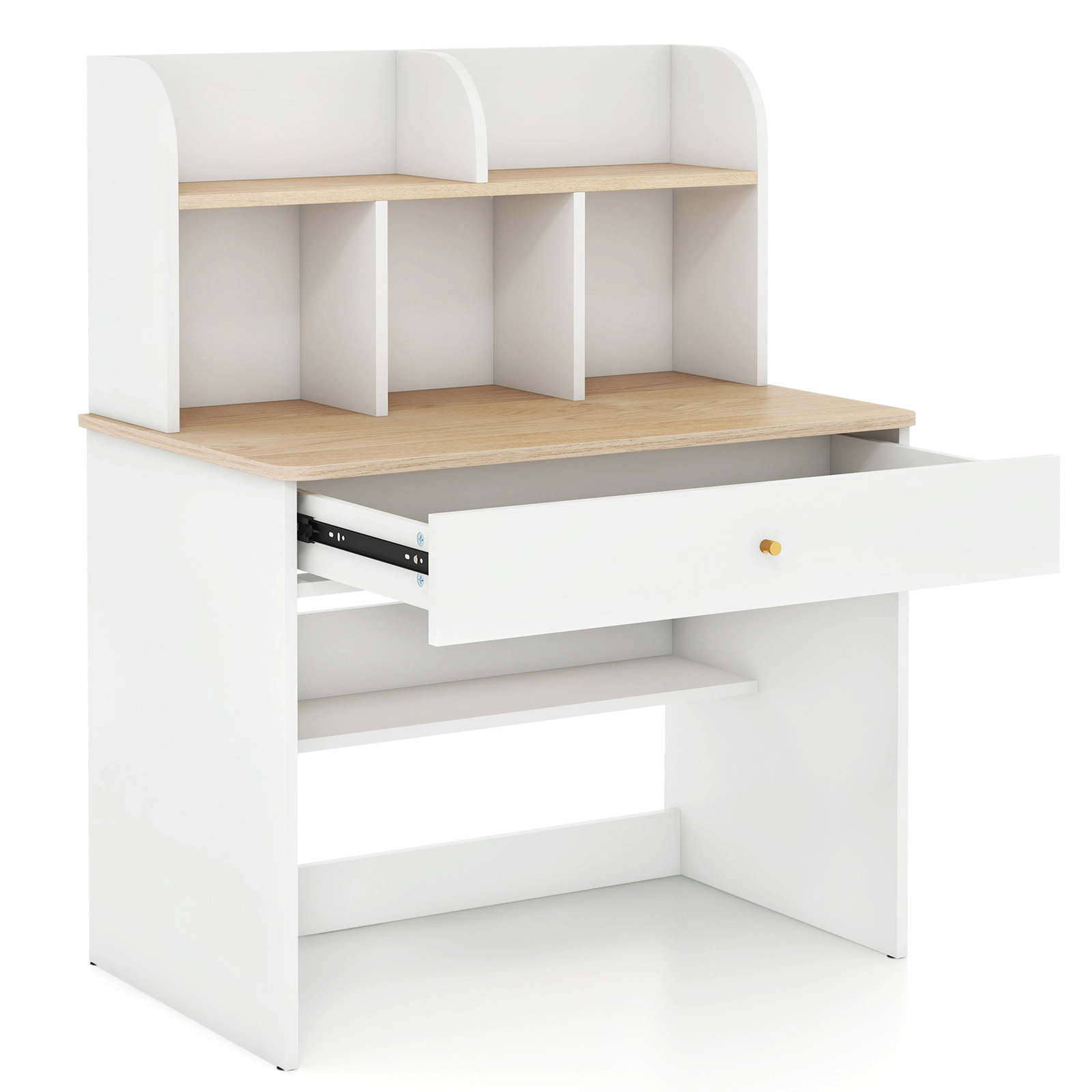 SUGIFT Kids Study Desk White Wooden Writing Table with 5 Hutch Shelves and Drawer