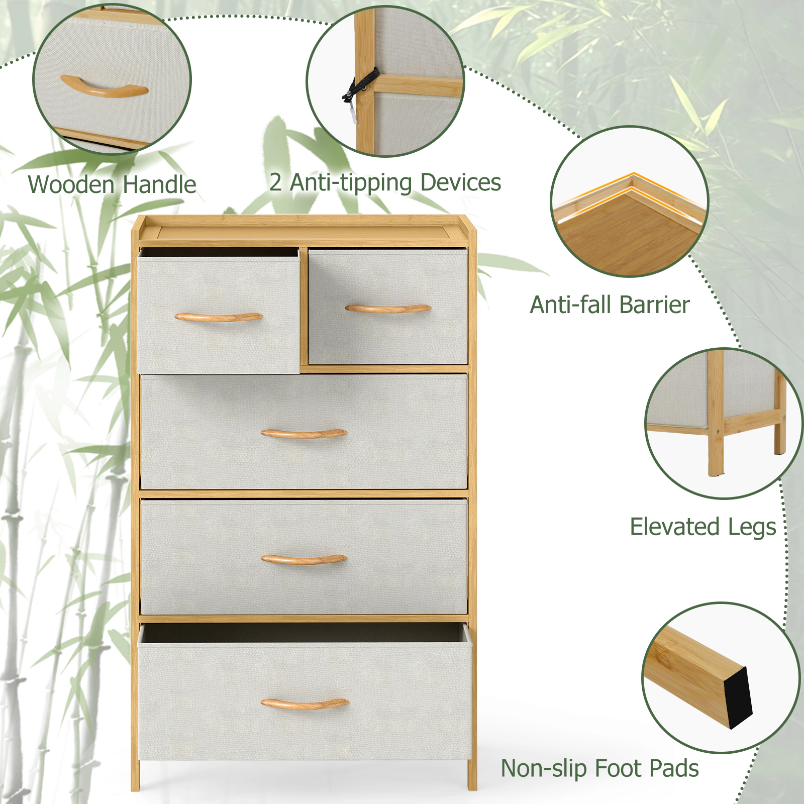 Glintex 5-Drawer Bamboo Dresser with Raised-Edge Top and Beech Handles, Natural