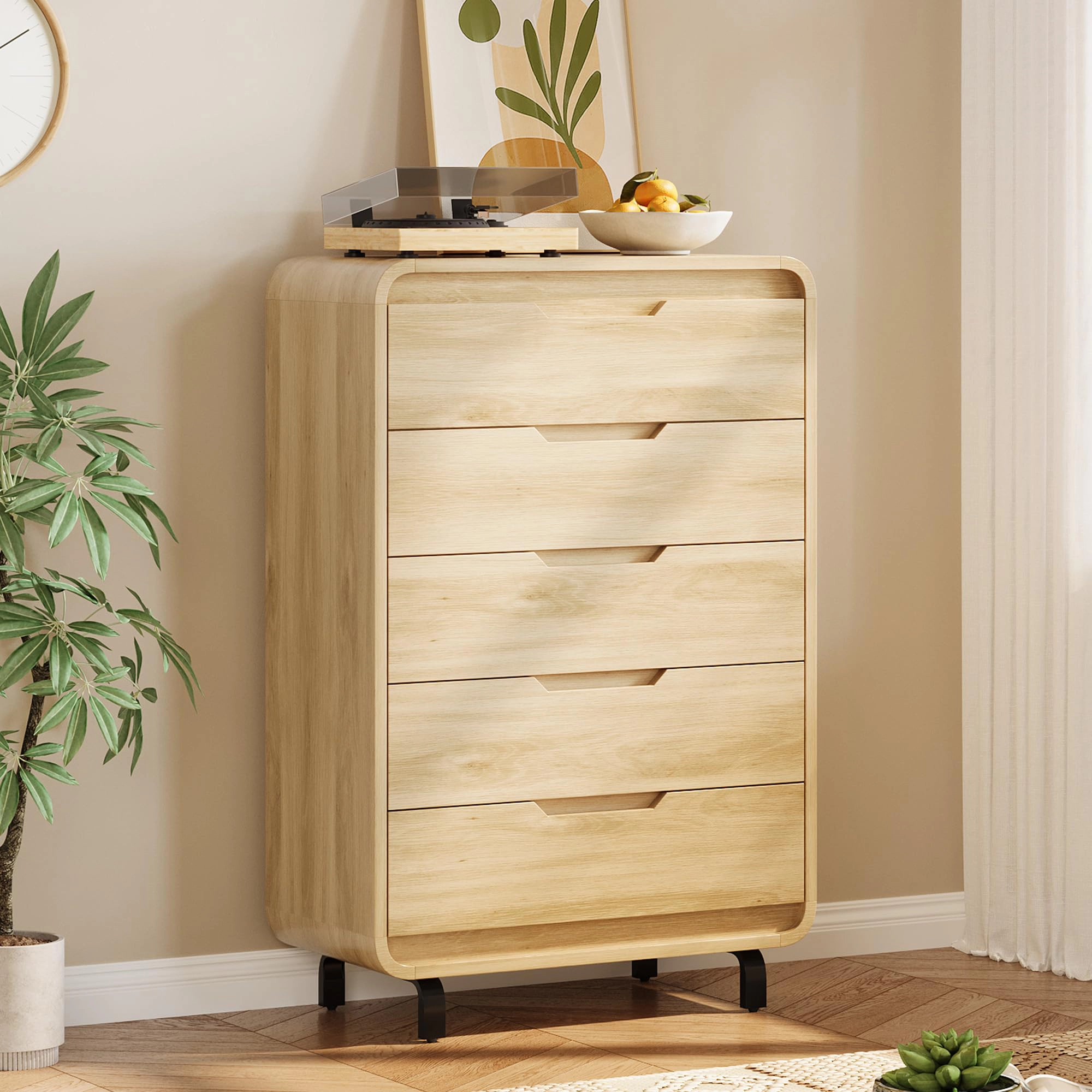 48" Tall 5 Drawer Wood Dresser with Handleless & Detachable Legs, Modern Storage Chest