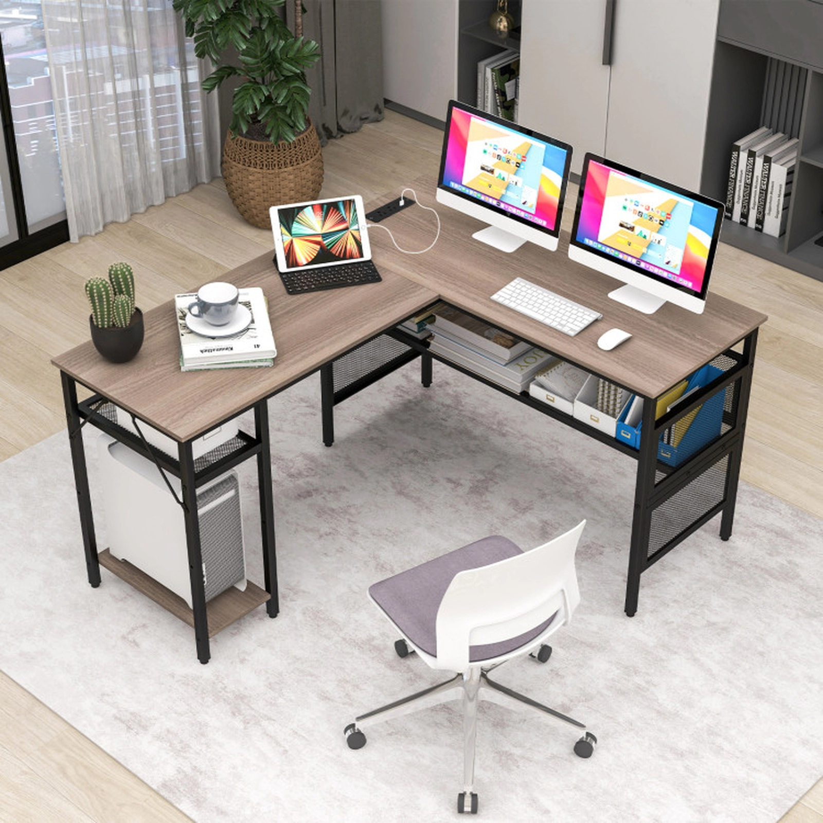 SUGIFT 330-lb Capacity Grey Wash Reversible L-Shaped Computer Desk with Charging Station and Mesh Shelves