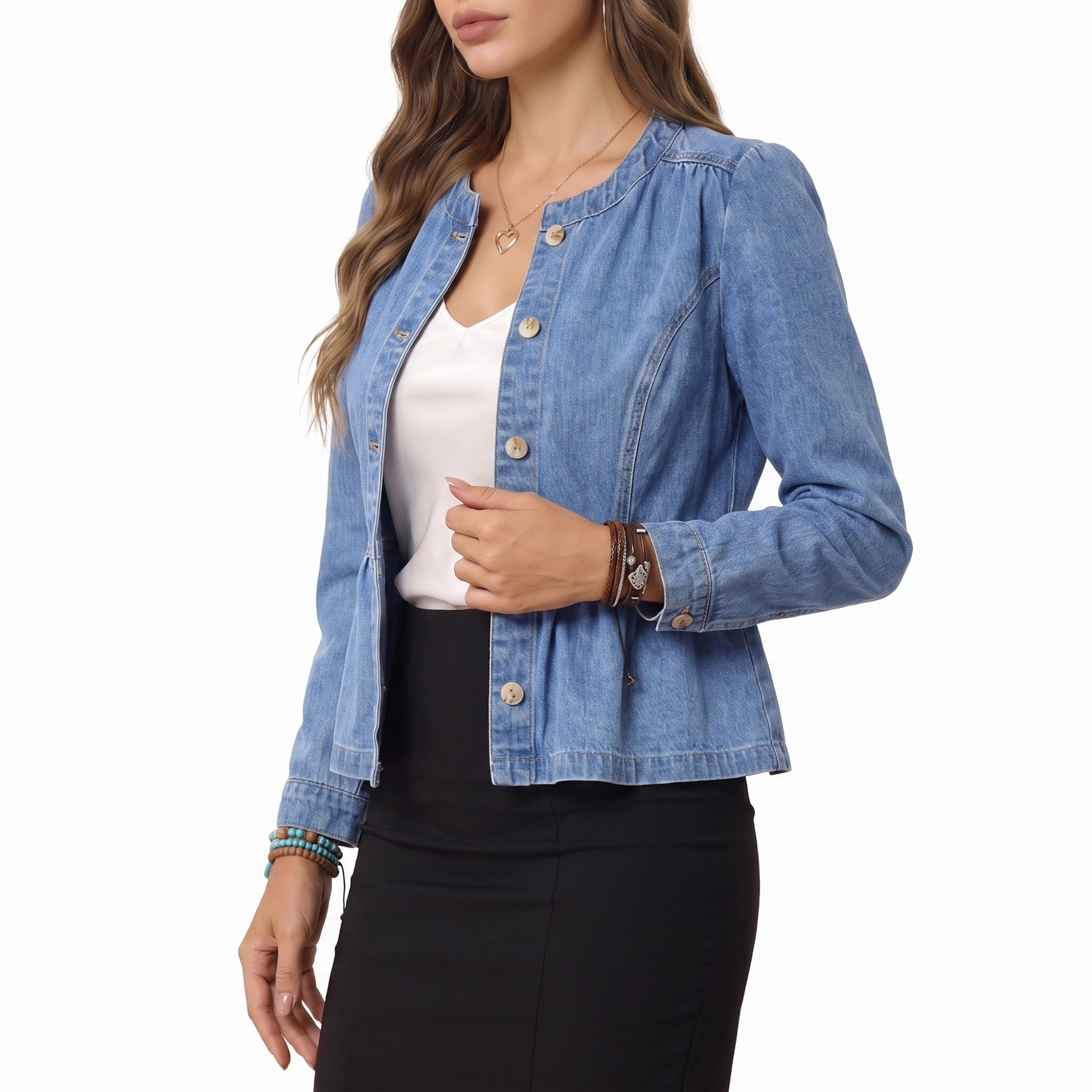 Anna-Kaci Women's Peplum Denim Jacket Long Sleeve Button Front Jean Blazer
