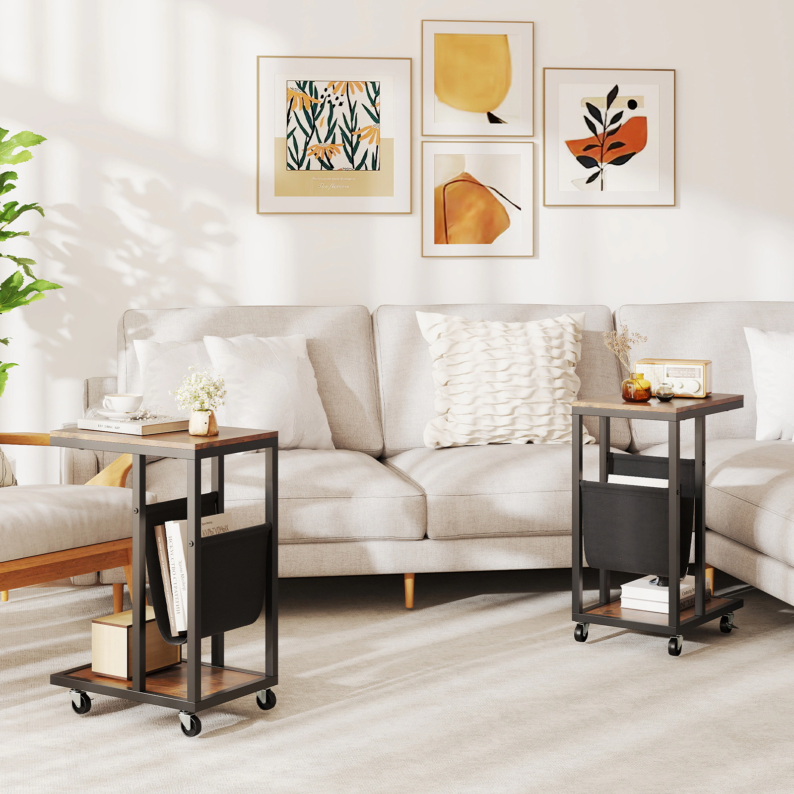 Glintex C-Shaped Side Table with Canvas Storage Pouch and Rolling Casters, Rustic Brown