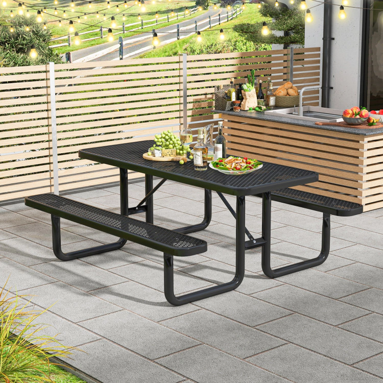Hivvago Outdoor Picnic Table And Bench Set For 8 Person With Seats And Mesh Grid-Black