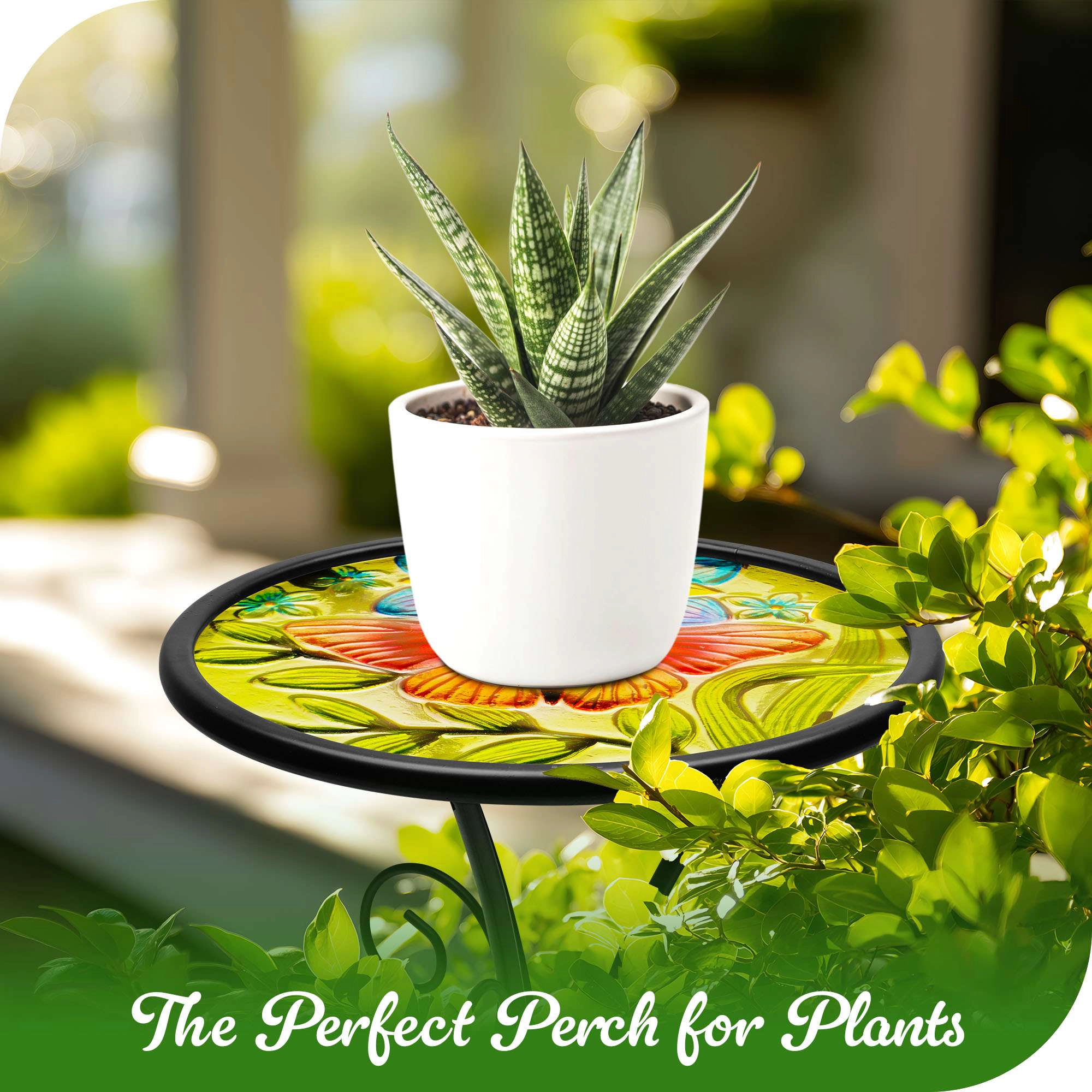 G128 12 in Round Glass Outdoor Side Table Butterfly Pattern, Foldable Metal Patio Table