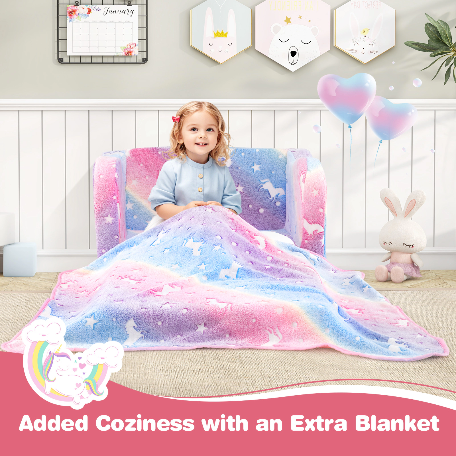 SUGIFT Matching Blanket and Glow in the Dark Pattern 2-in-1 Folding Kids Couch