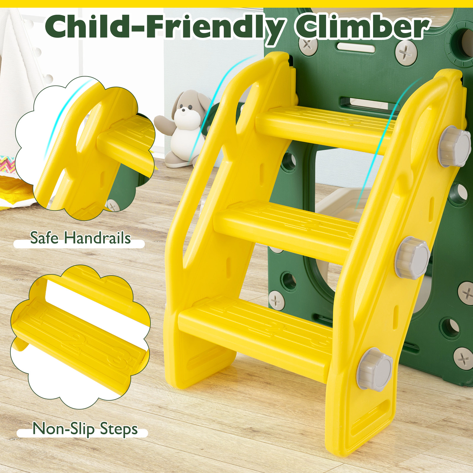 SUGIFT Yellow Whiteboard 10-in-1 Toddler Slide and Climber Playset Indoor Playground