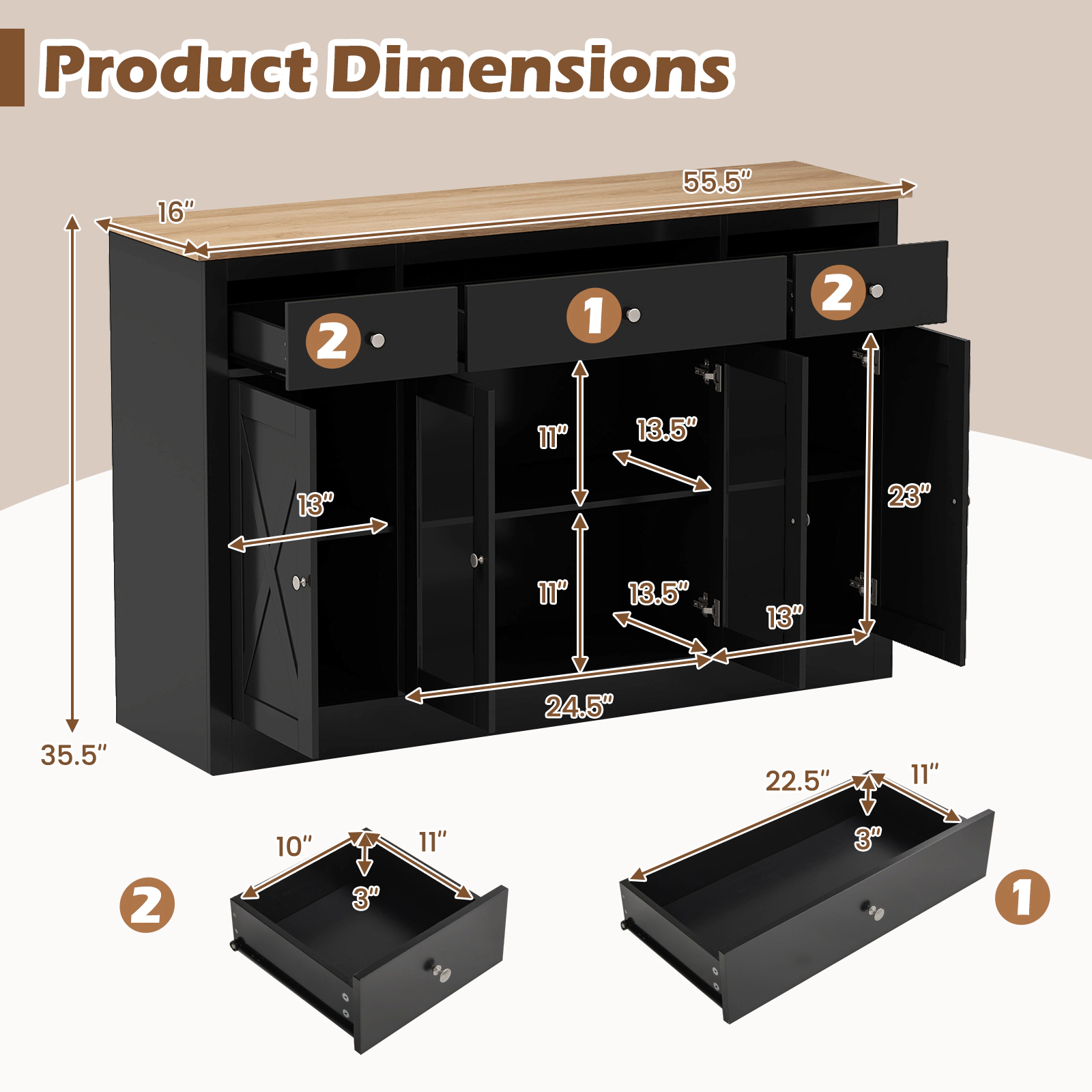 SUGIFT Buffet Sideboard Kitchen Storage Cabinet with 3 Drawers See-through Doors Adjustable Shelves Wine Bar Table Black