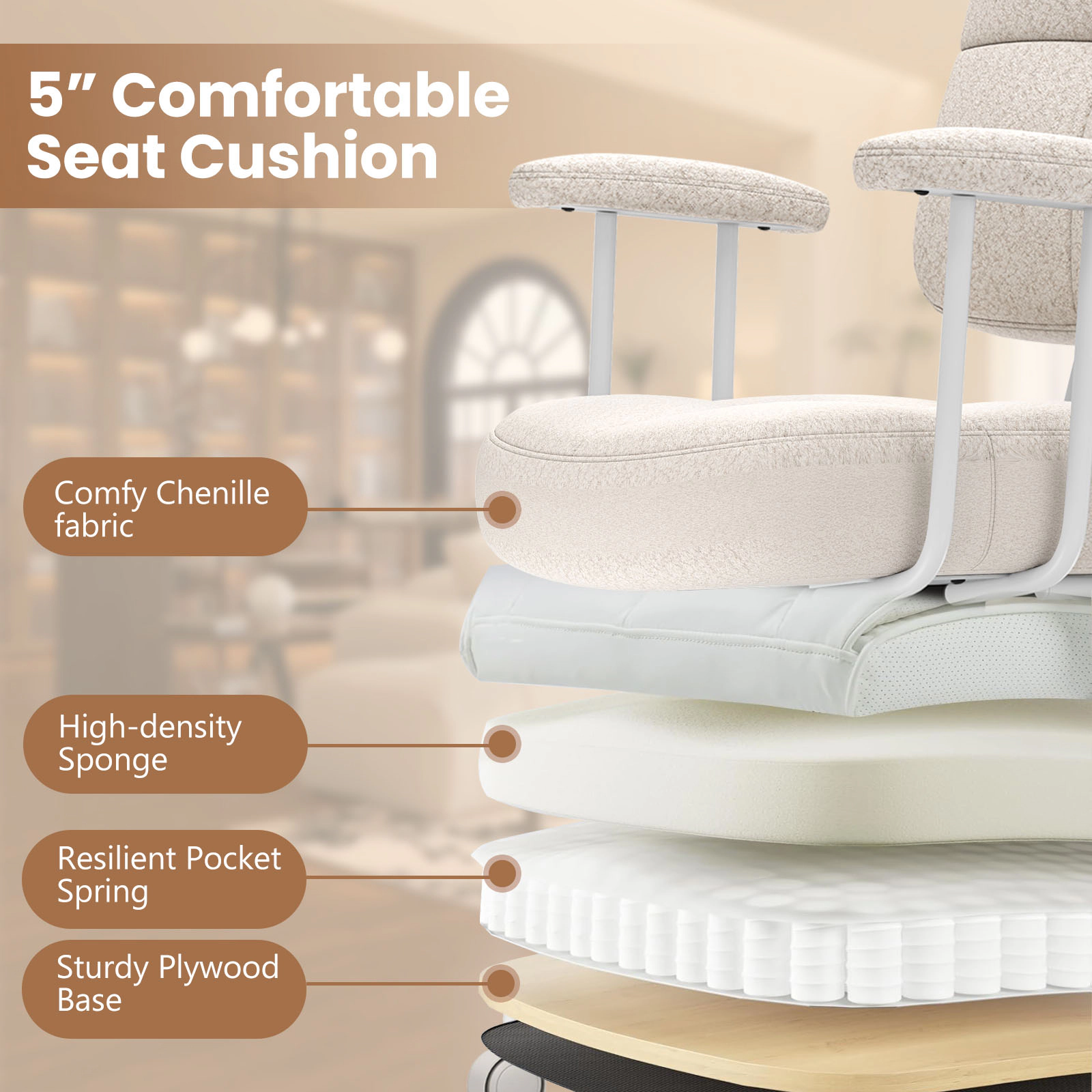 SUGIFT Ergonomic Task Home Office Chair 330-lb Capacity Brown/Beige with Cushioned Back and Arms