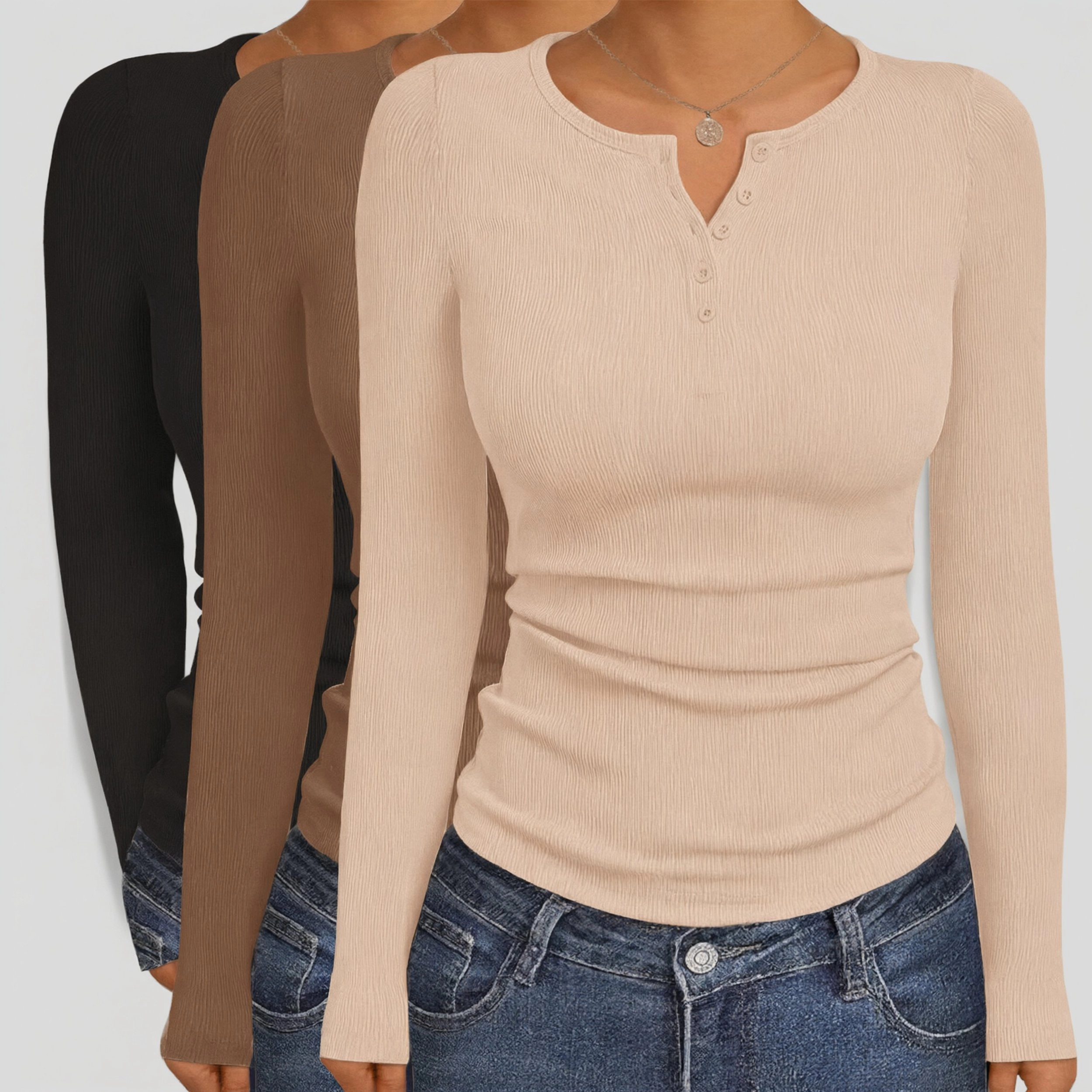 Ekouaer Women's Henley Neck Long Sleeve Ribbed Knit Slim Fit T-Shirt