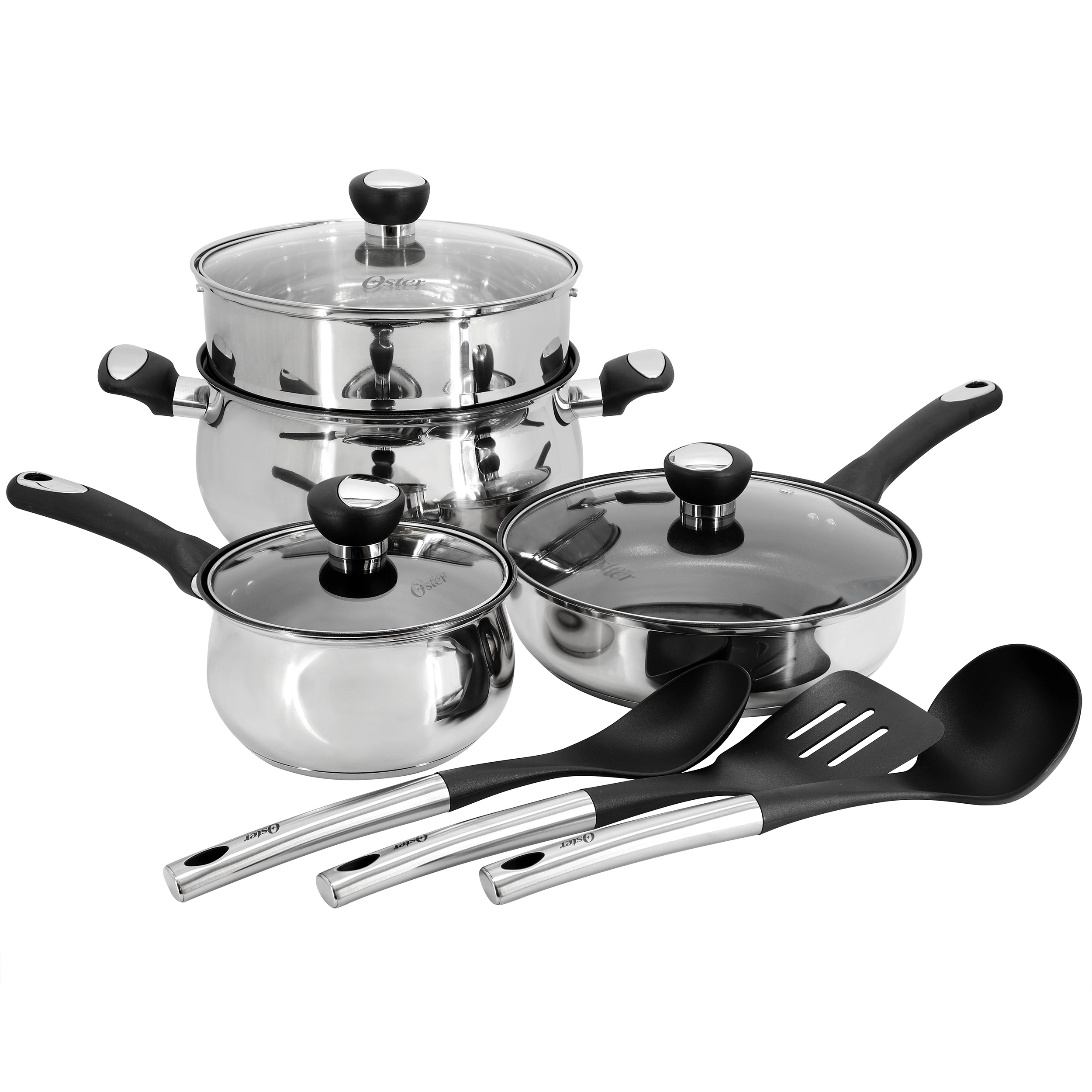 Oster Baldwyn 10 Piece Stainless Steel Belly-Shaped Nonstick Cookware and Utensil Set