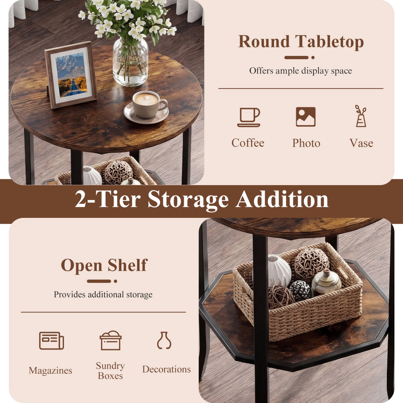 SUGIFT Round Small End Table 2-Tier Storage Shelf 90-lb Tabletop Capacity 20 x 24 in Frame Rustic Brown & Black