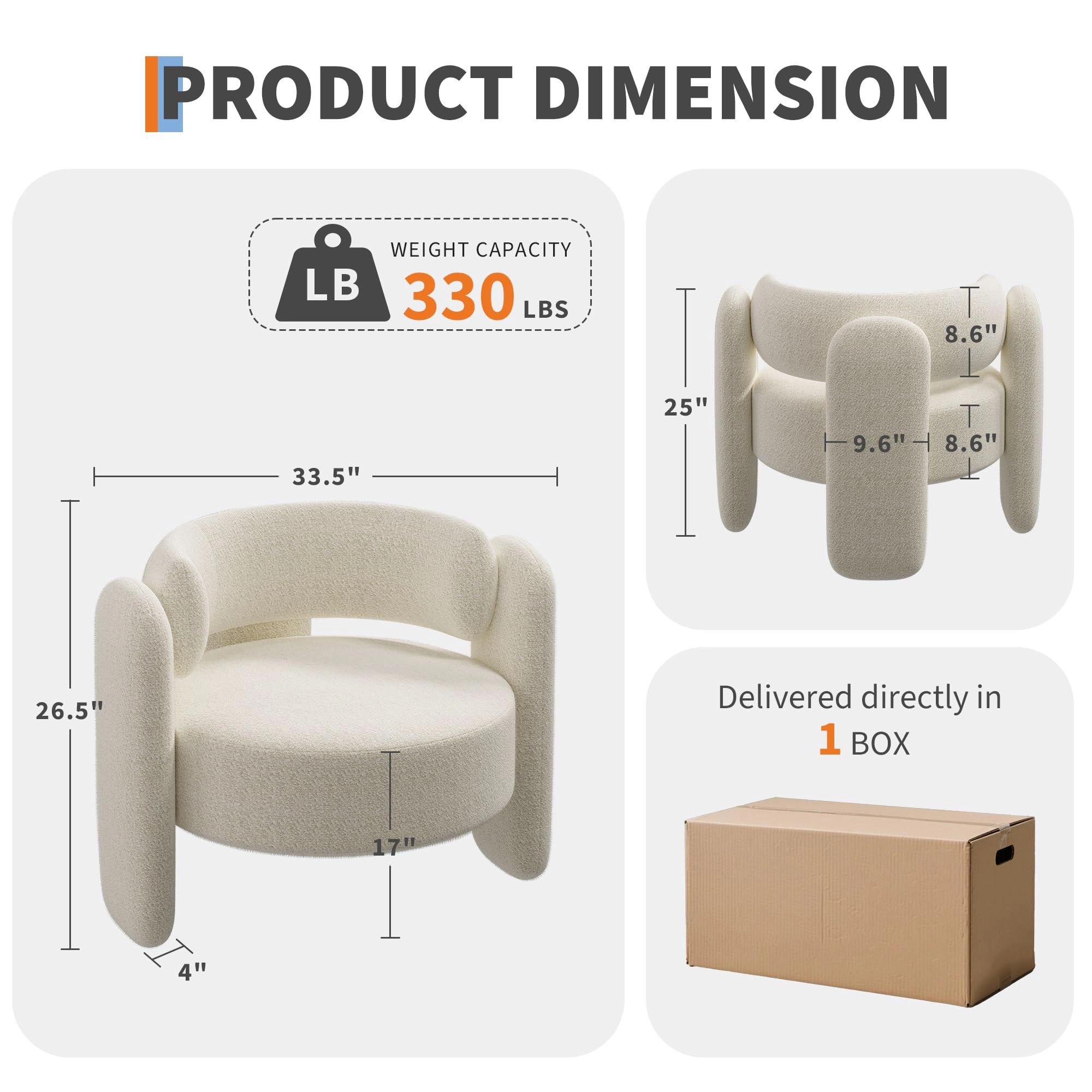 BebreezChic Modern Barrel Accent Chair Set of 2, Mid-Century Upholstered Chairs with Round Armrests & Open Back