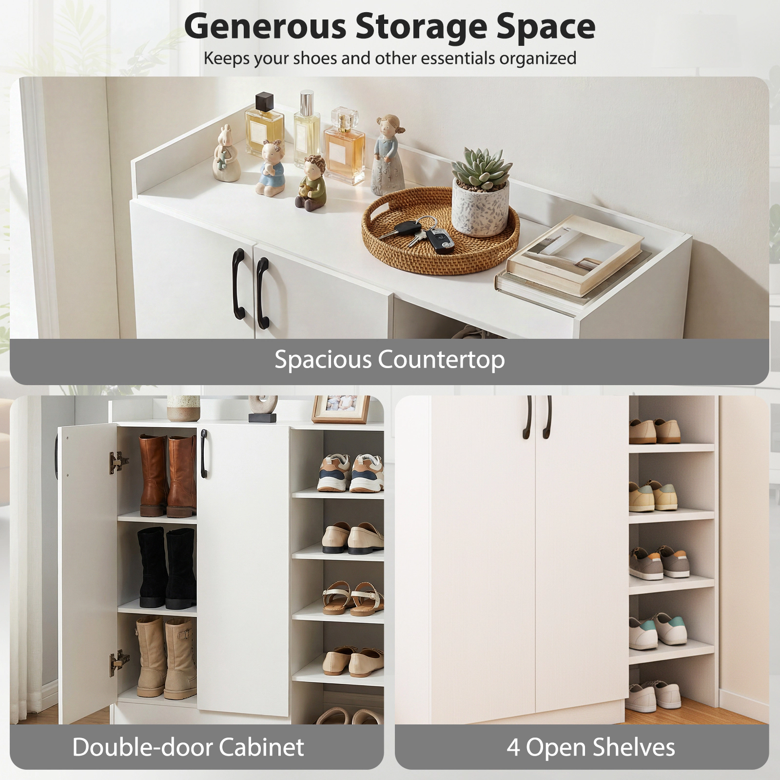 SUGIFT White 2 Doors and 2 Adjustable Inner Shelves Entryway Shoe Organizer Shoe Cabinet