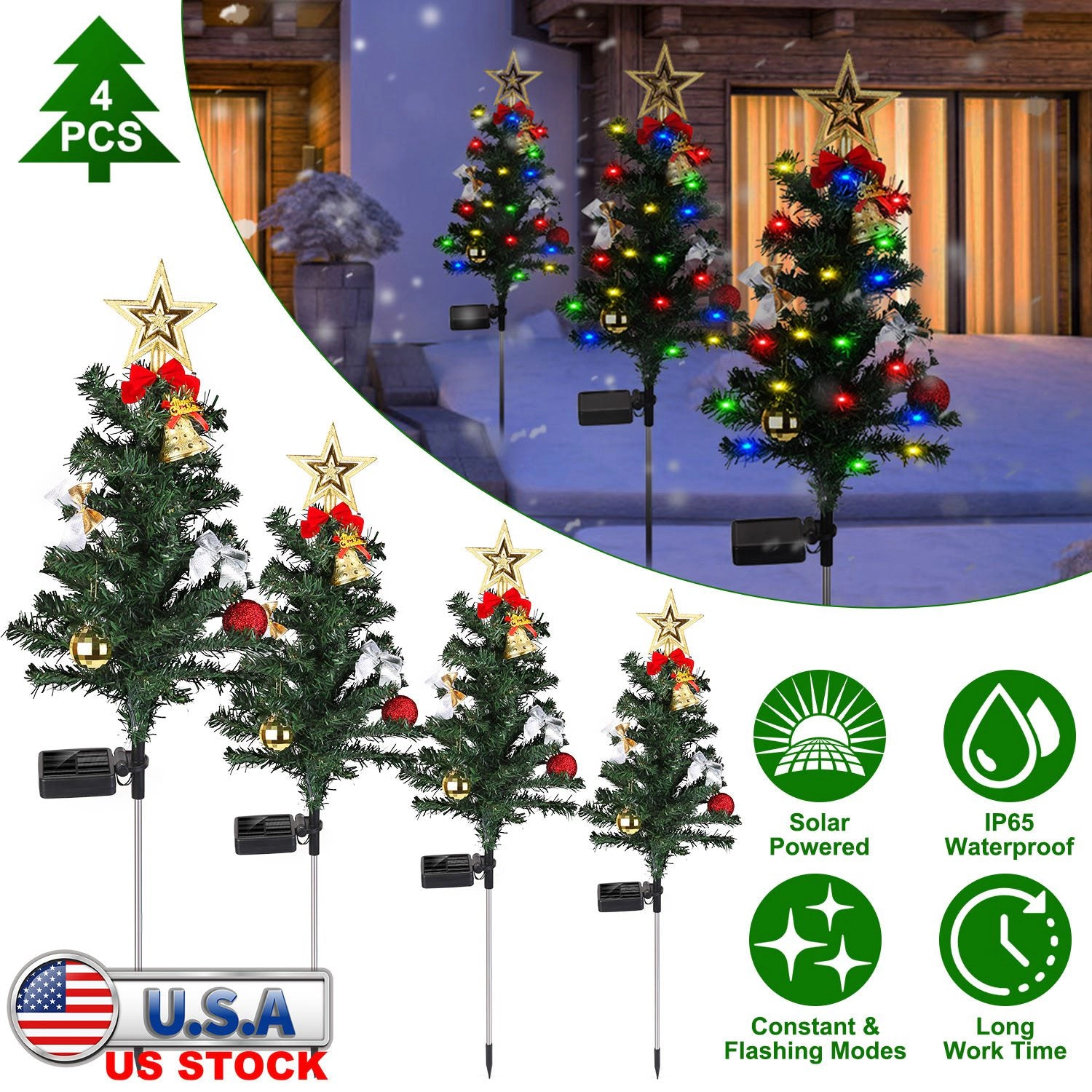 GBruno Solar LED Christmas Tree Pathway Lights 4-Pack