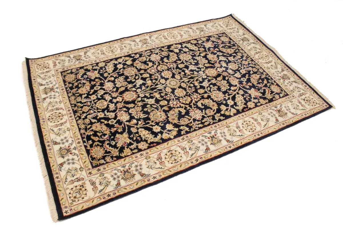 Magic Rugs 4'1 X 6'0 Floral Dark Navy Hand Knotted Indo-Nain Wool Rug