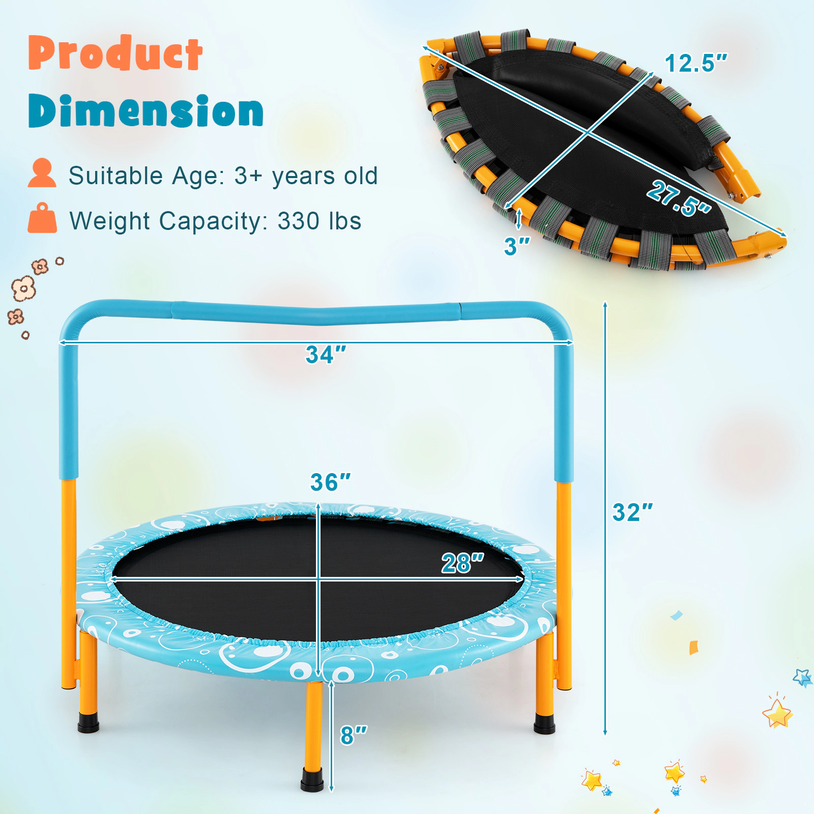 SUGIFT 36-in Folding Kids Trampoline Mini Rebounder with Full Covered Foam Handrail 330-lb Capacity Ages 3-10 Orange