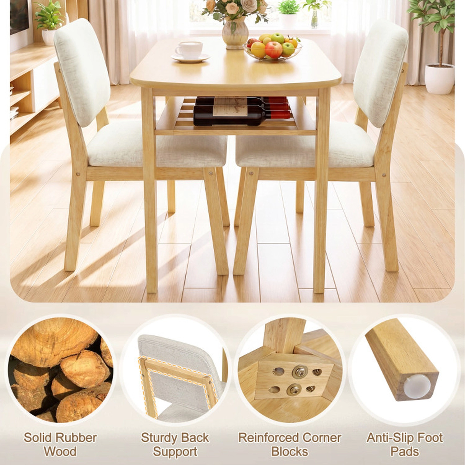 SUGIFT 3-Piece Wood Dining Table Set for 2 with Upholstered Chairs 220-lb Tabletop Capacity Beige and Natural