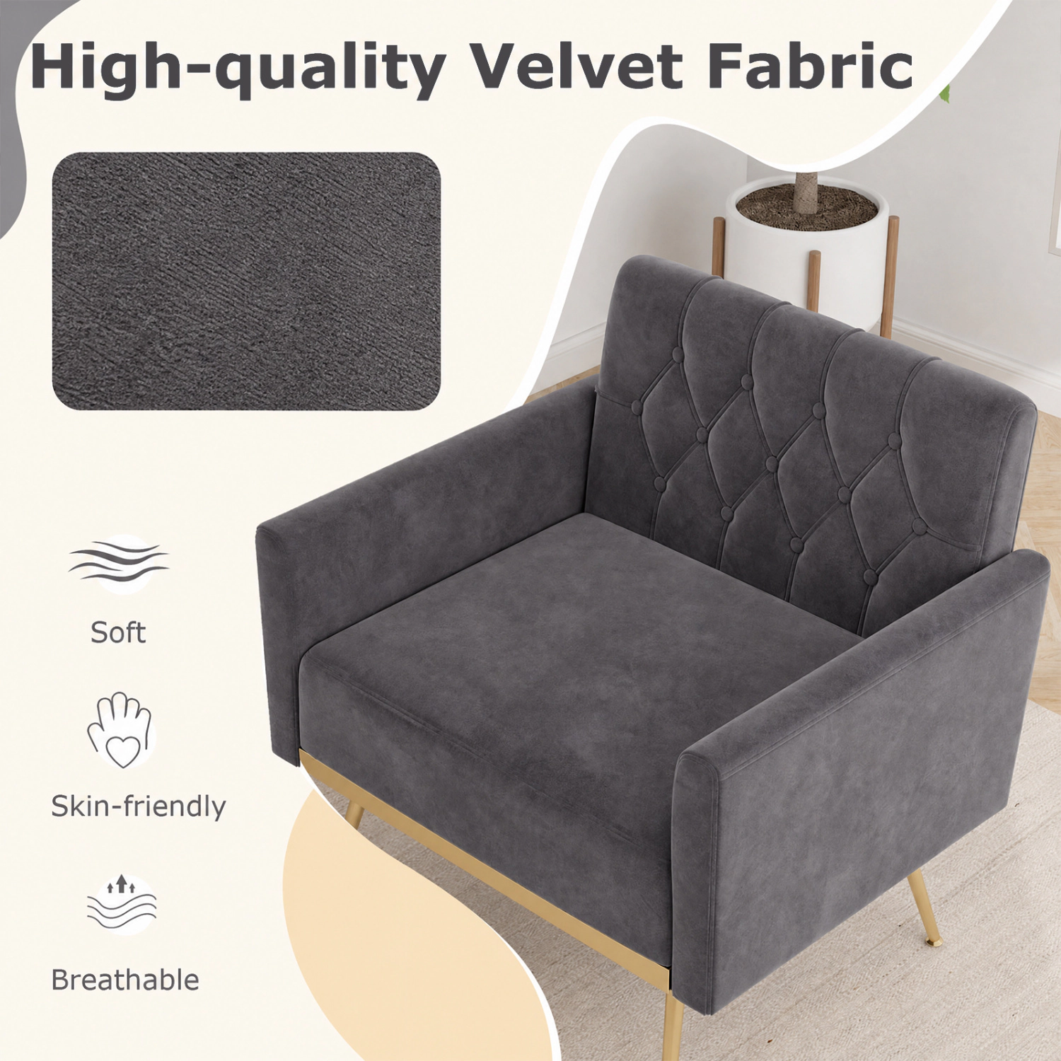 LJG Modern Velvet Upholstered Accent Chair with Button-Tufted Back and Adjustable Feet