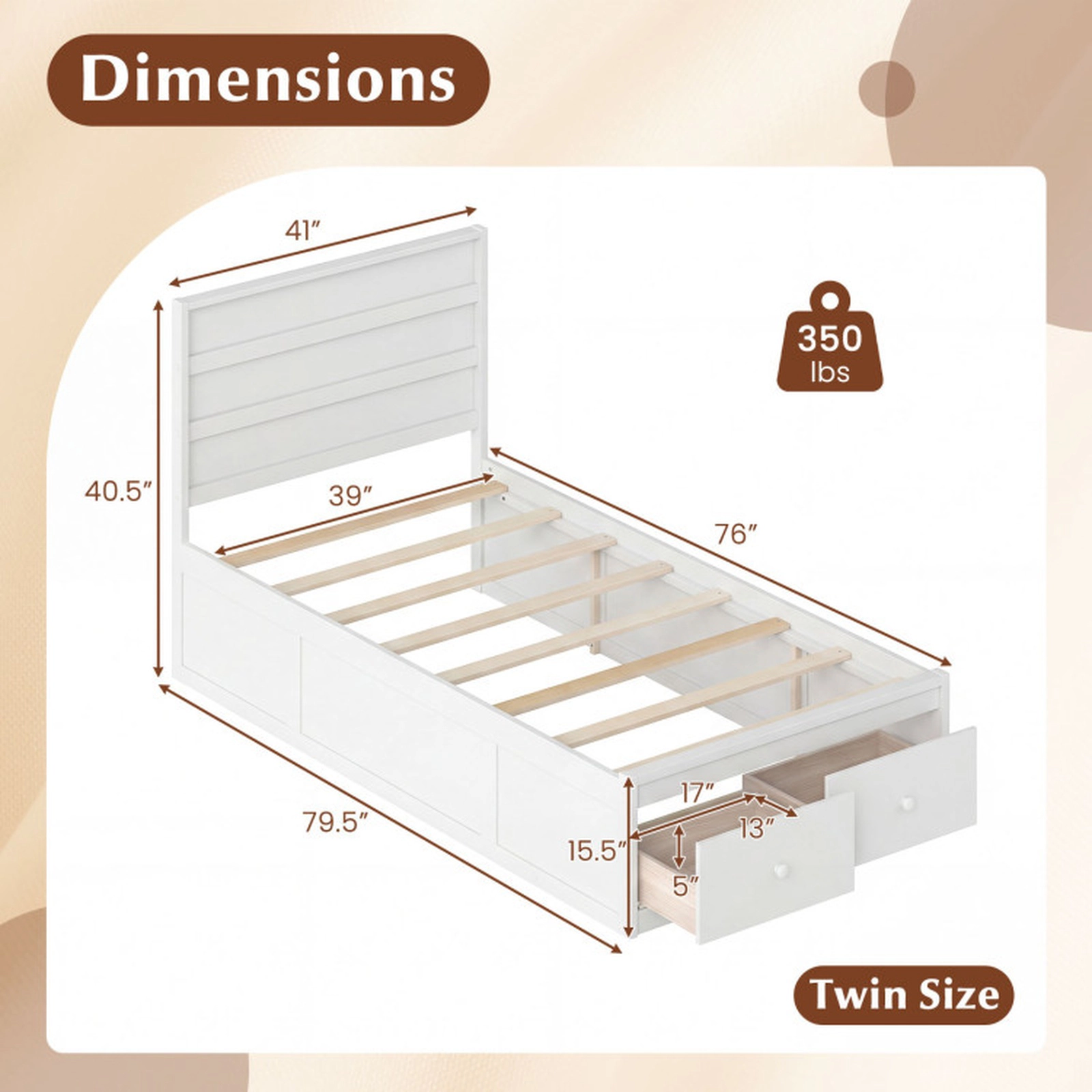 SUGIFT 2 Storage Drawers and Panel Headboard Twin Size Wooden Bed Frame
