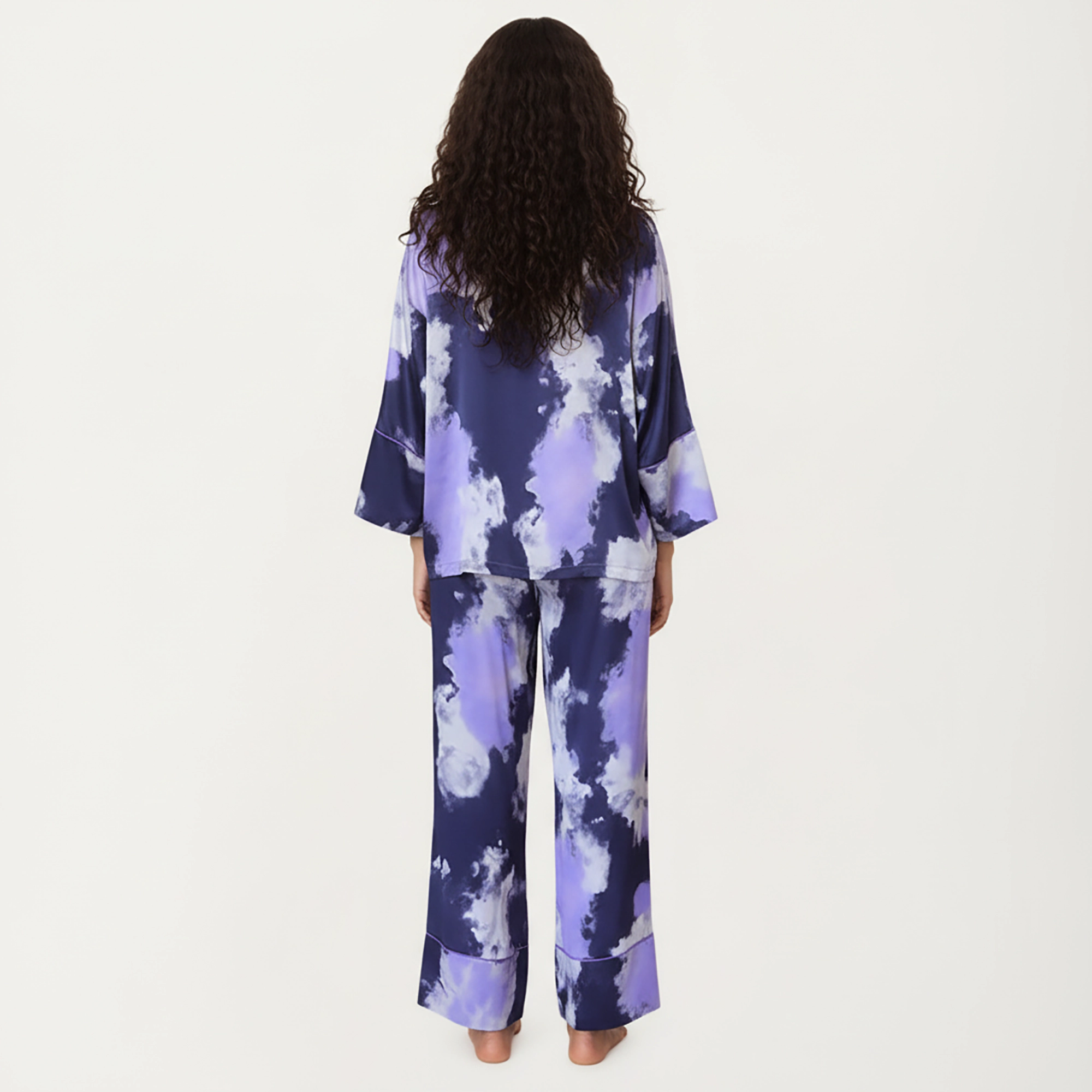 Anna-Kaci Women's Satin Pajama Set with Cloud Print Long Sleeve Button Top and Wide Leg Pants