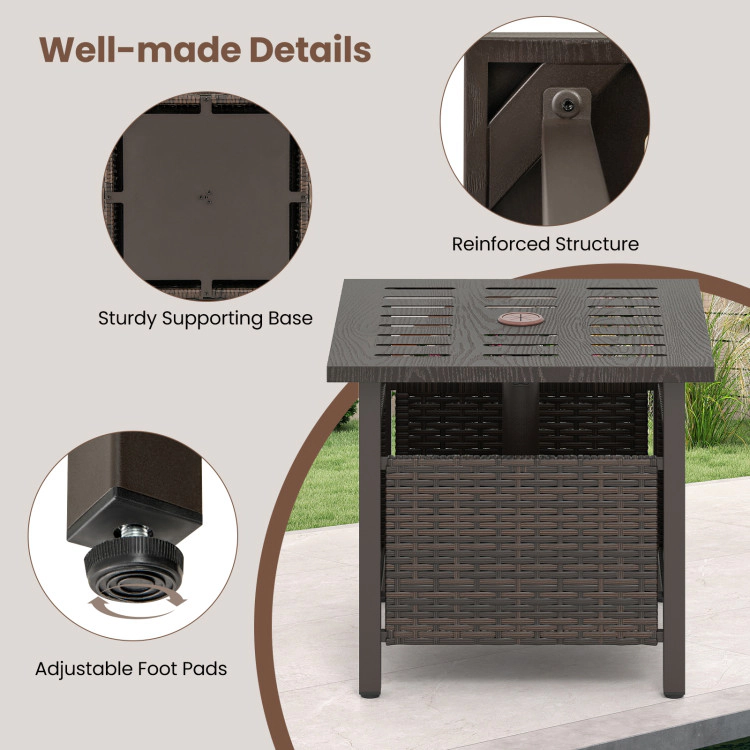 Hivvago Outdoor Side Table All-Weather Pe Wicker Patio Table With Umbrella Hole-Brown