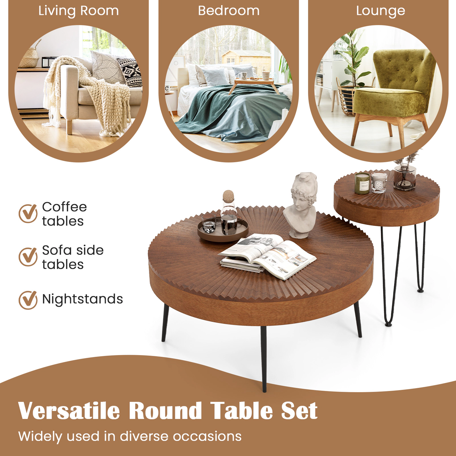 Hivvago Set of 2 Boho Round Coffee Table with Solid Pine Wood Top and Metal Legs