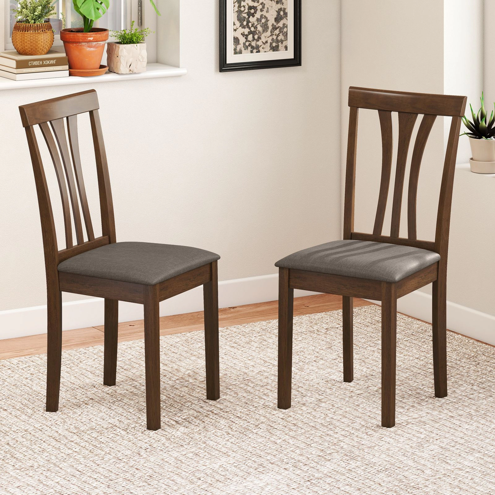 SlickBlue Set of 2 Farmhouse Dining Chairs, Linen Seat, Rubber Wood Frame