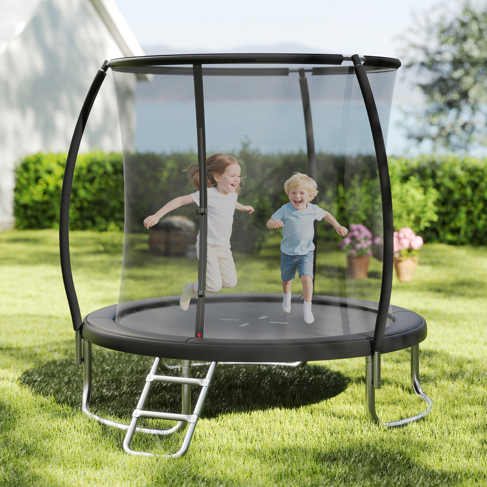 SUGIFT Black Enclosure Net and Ladder 8 FT Outdoor Heavy Duty Kids Recreational Trampoline