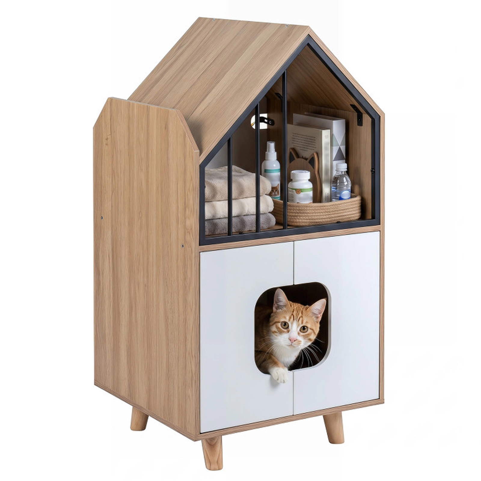 SUGIFT 20 x 39.5-in 44-lb Shelf Capacity Natural House-Shaped Tall Cat Litter Box Enclosure with Fence Window