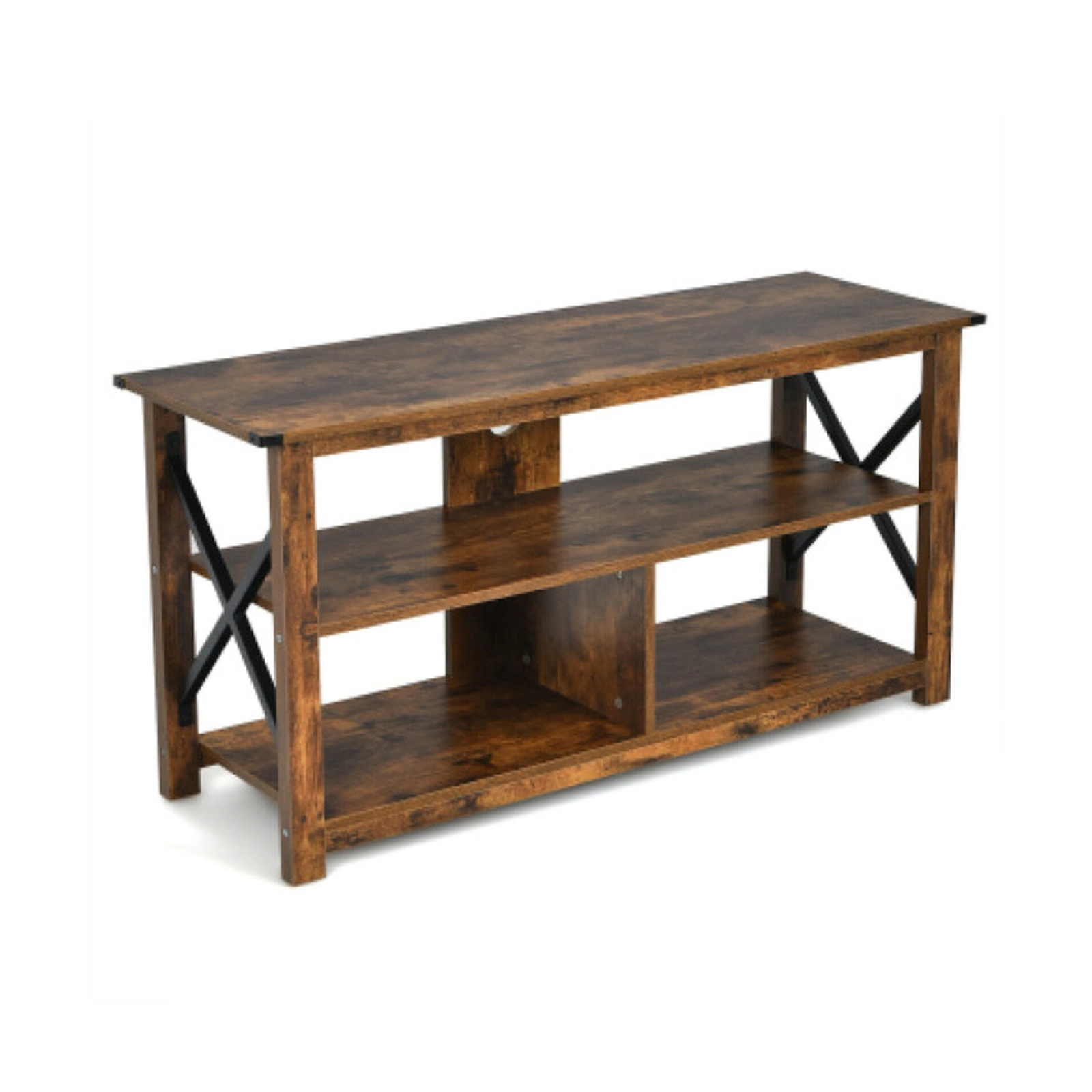 SUGIFT 3-Tier Engineered Wood TV Stand Open Shelves & X-Shaped Iron Frame for 55-in TVs 110-Lb Tabletop Capacity Brown