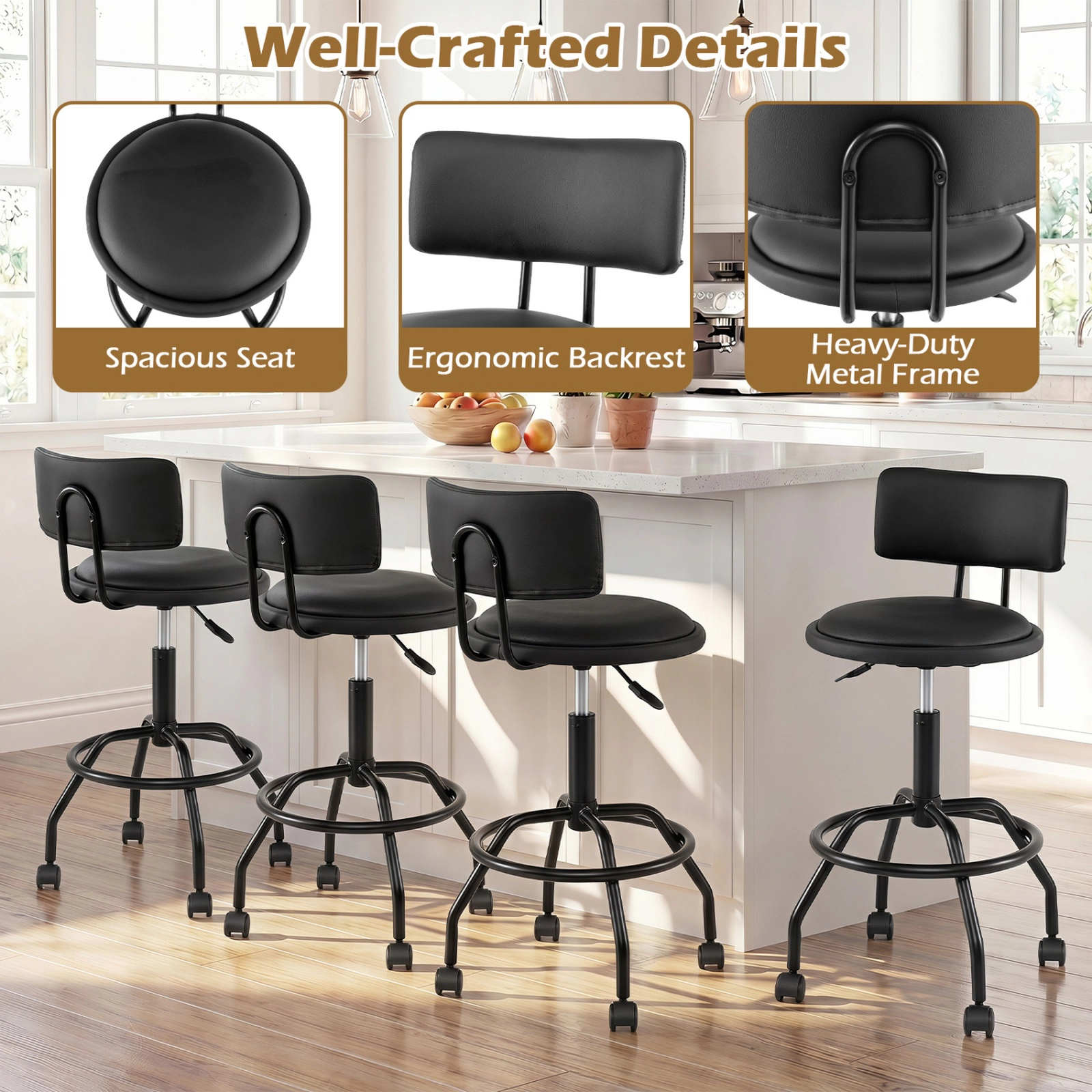 SUGIFT Modern Swivel Height Adjustable Bar Stools with Backrest 330-lb Capacity Black