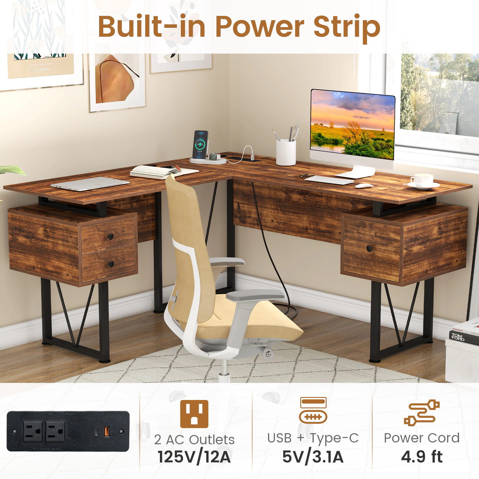 SUGIFT L-Shaped Computer Desk Rustic Brown 59 in Corner Desk with Power Outlets and 3 Drawers