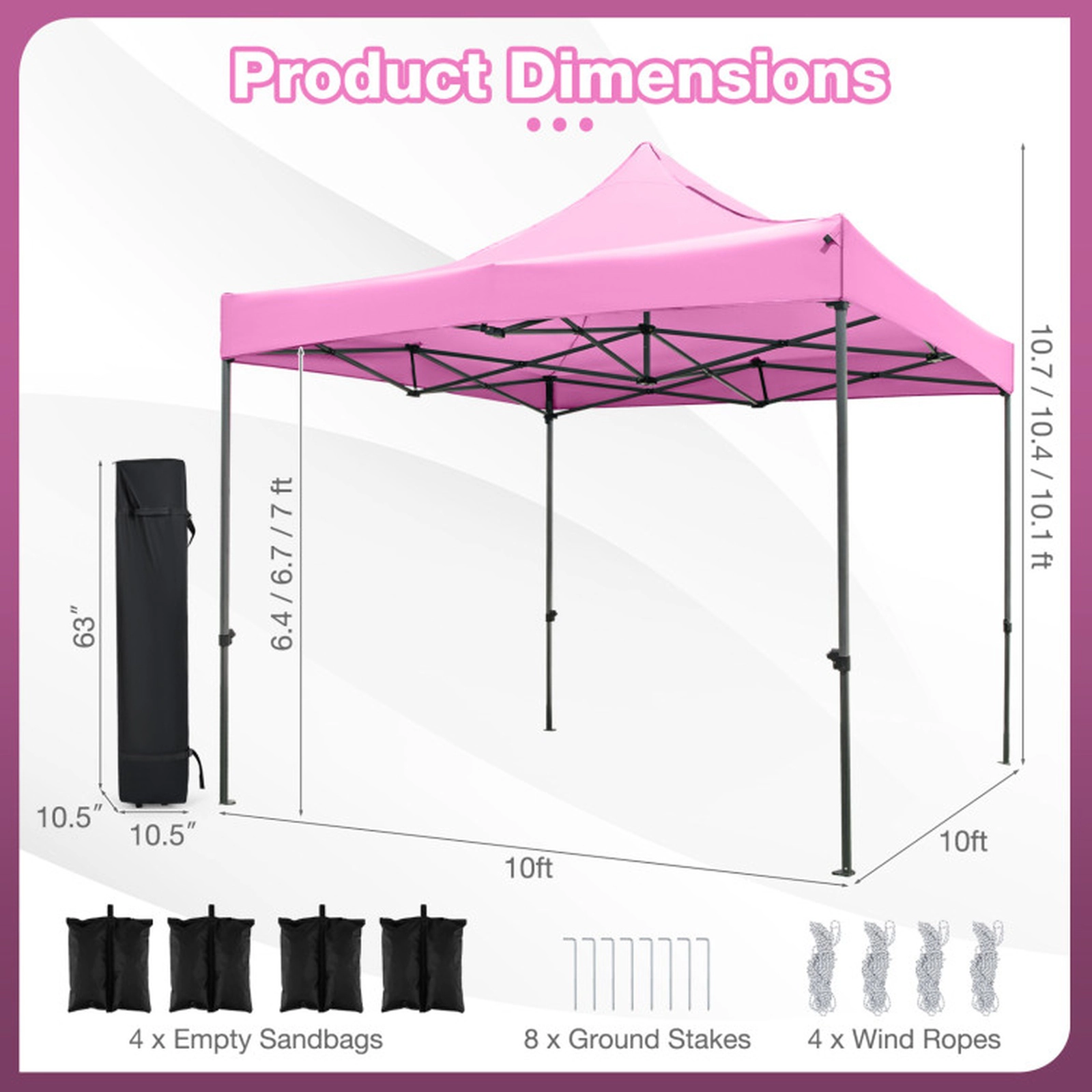 SUGIFT Pink Pop Up Canopy Gazebo Tent with Wheeled Bag and 4 Sandbags 10-ft W 10-ft D 10.1-ft H 6.4-ft Rim Height