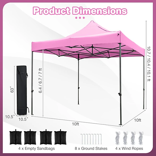 SUGIFT Pink Pop Up Canopy Gazebo Tent with Wheeled Bag and 4 Sandbags 10-ft W 10-ft D 10.1-ft H 6.4-ft Rim Height