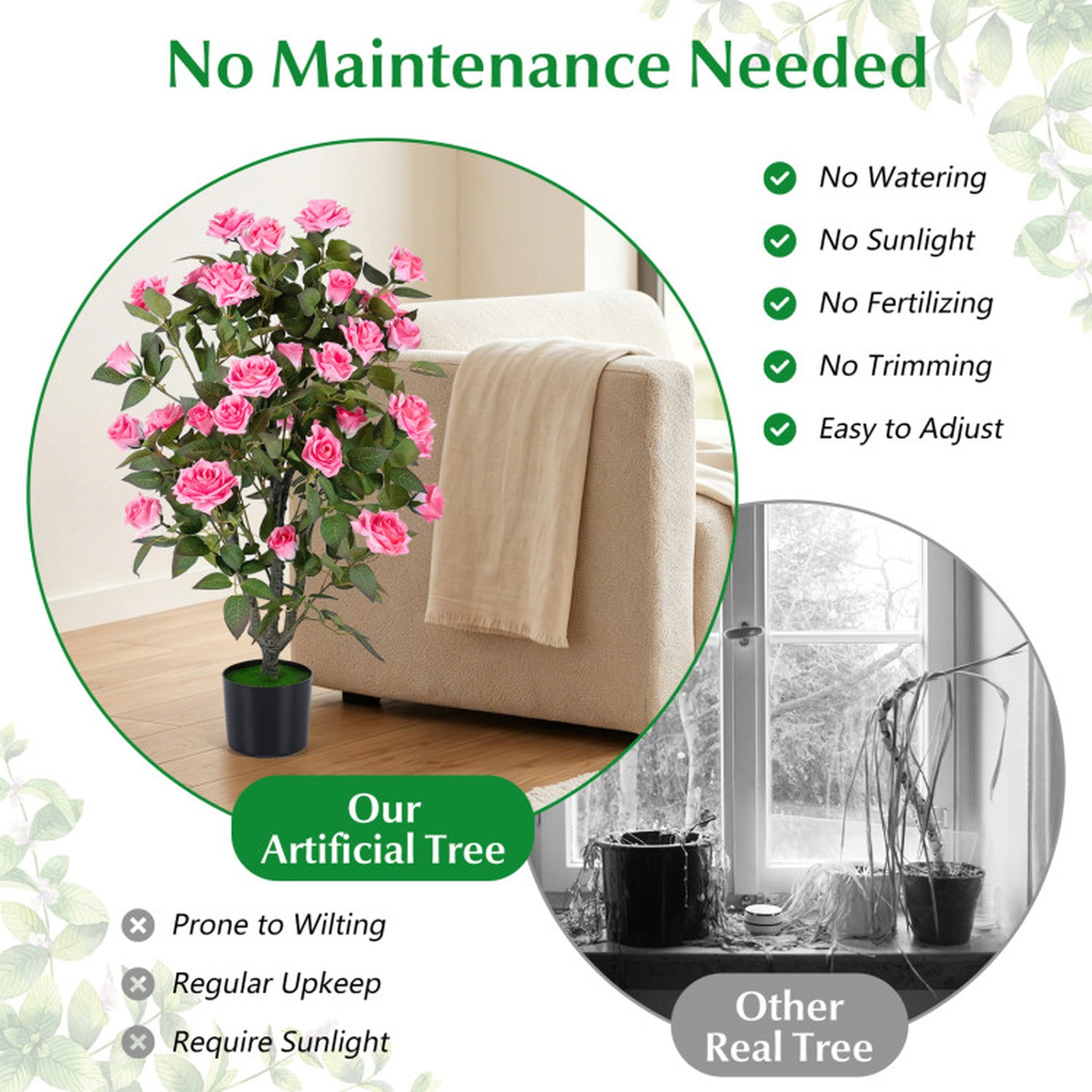 SUGIFT Set of 2 35.5-in 32 Blooms Silk Petals PE Trunks Artificial Rose Trees 6-in x 5-in Cement Pot 13-lb Pink
