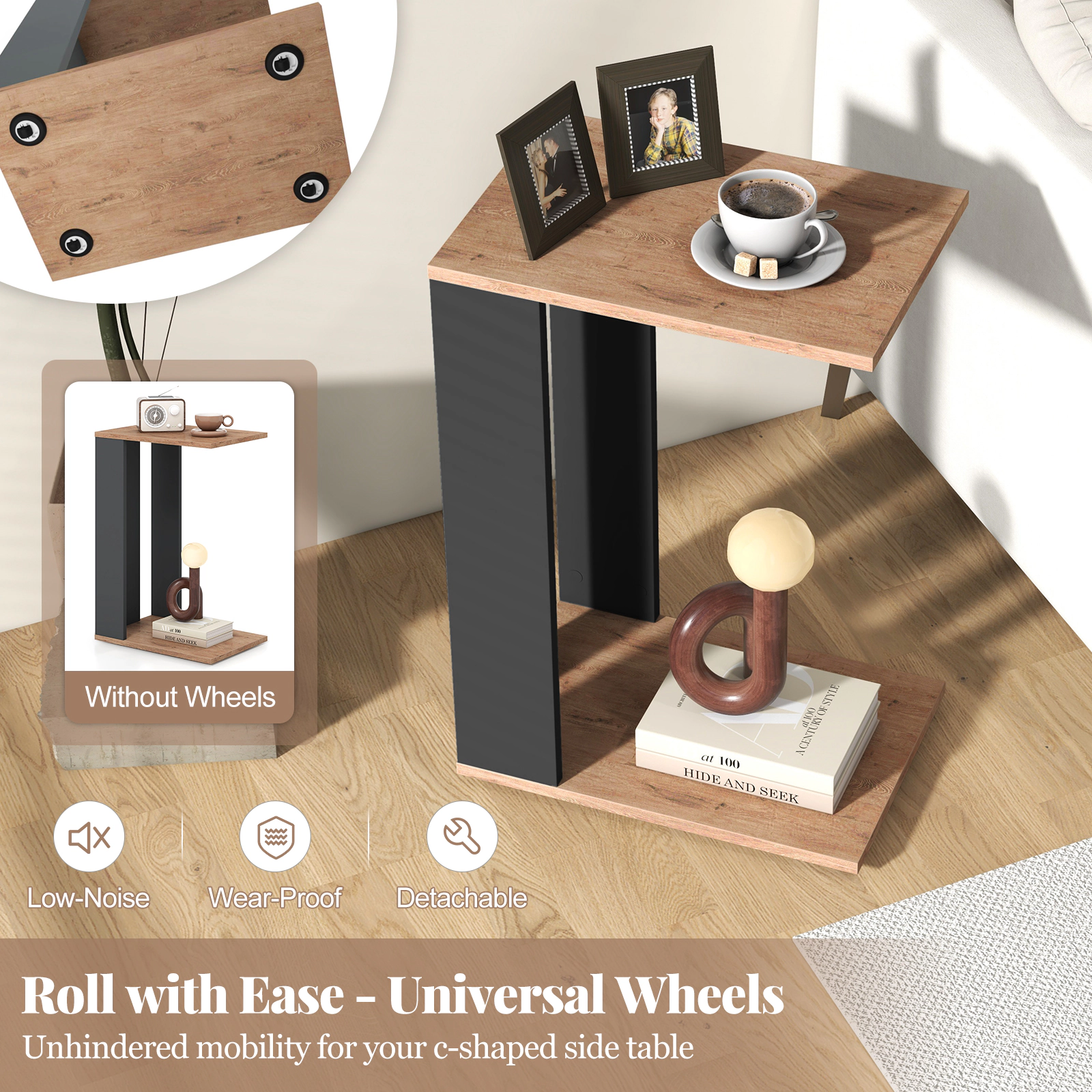 SUGIFT 2-Tier C-Shaped Side Table with Universal Wheels and Shelf 16.5-lb Tabletop Capacity Rustic Brown & Anthracite