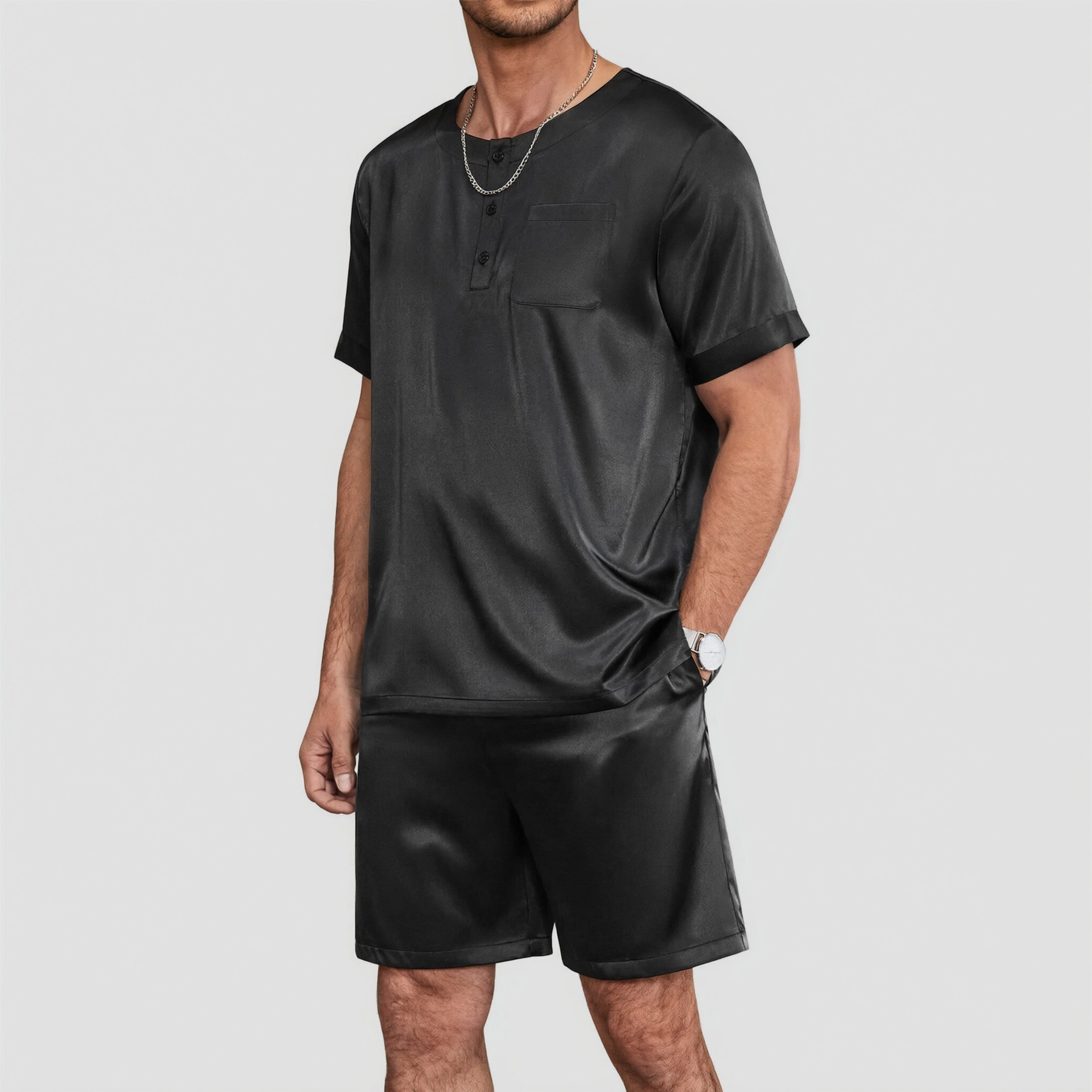 Ekouaer Men Pajamas Set 2 Piece Silk Sleepwear Shorts Button Down Tops Loungewear with Pockets