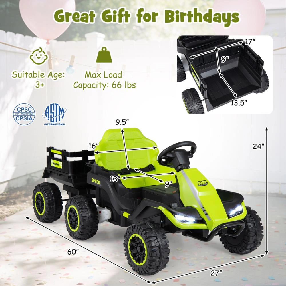 Hivvago 24V Ride on Tractor with Detachable Trailer and Music for Boys Girls