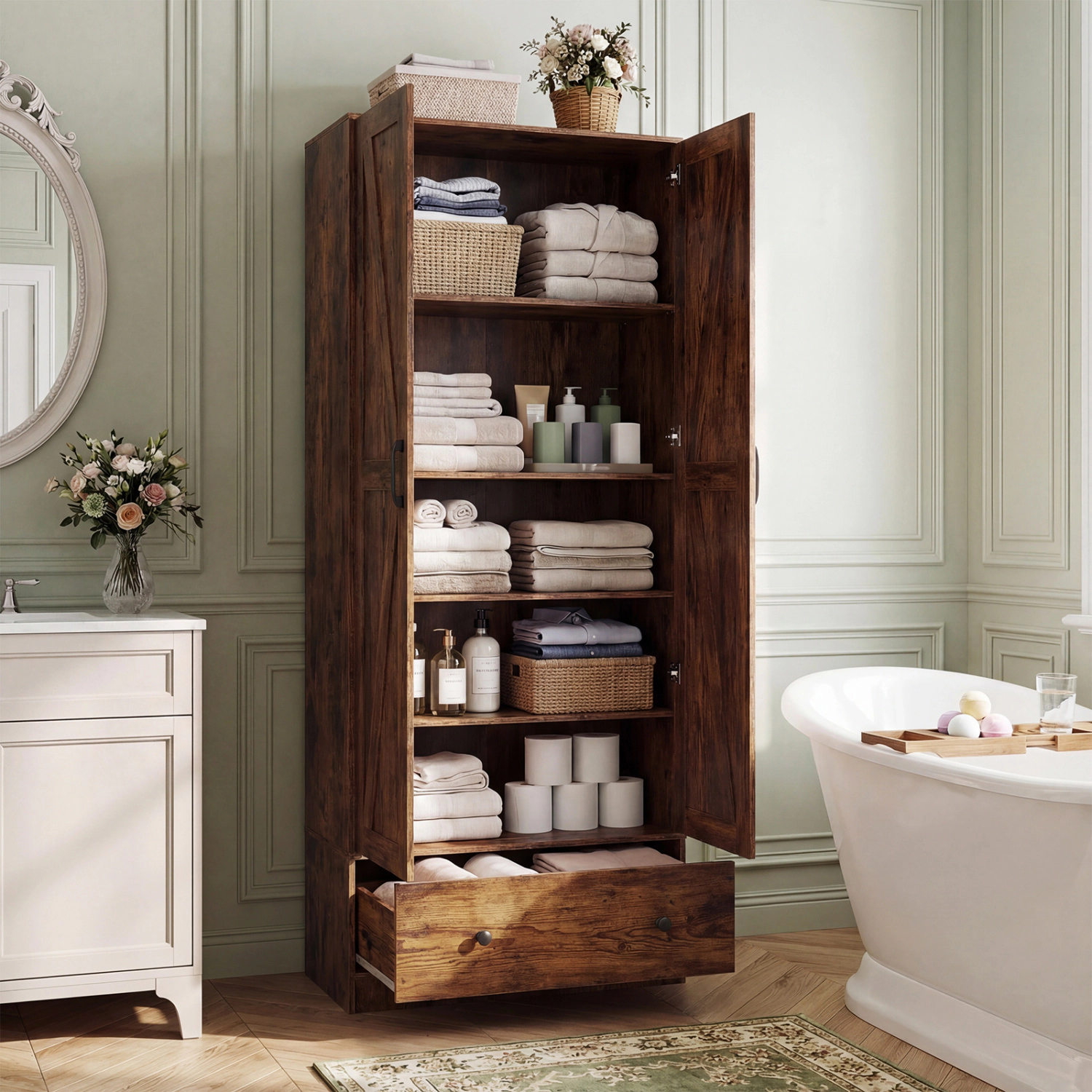 SUGIFT 72-in Tall 230-lb Capacity Rustic Brown Farmhouse Pantry Cupboard with 2 Doors and Bottom Drawer