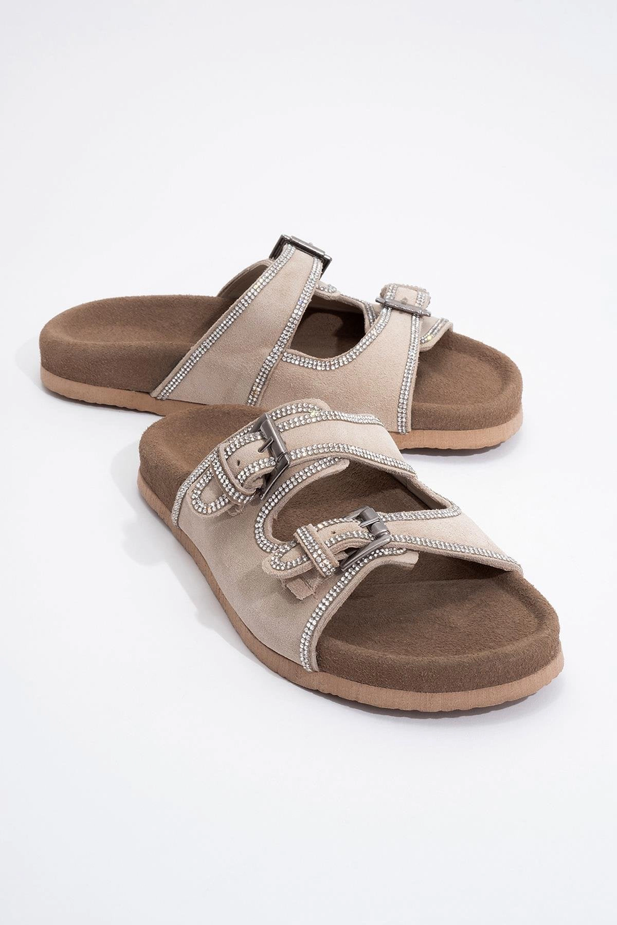 Forever & Always Womens Allen Rhinestone Leather Slide Sandal