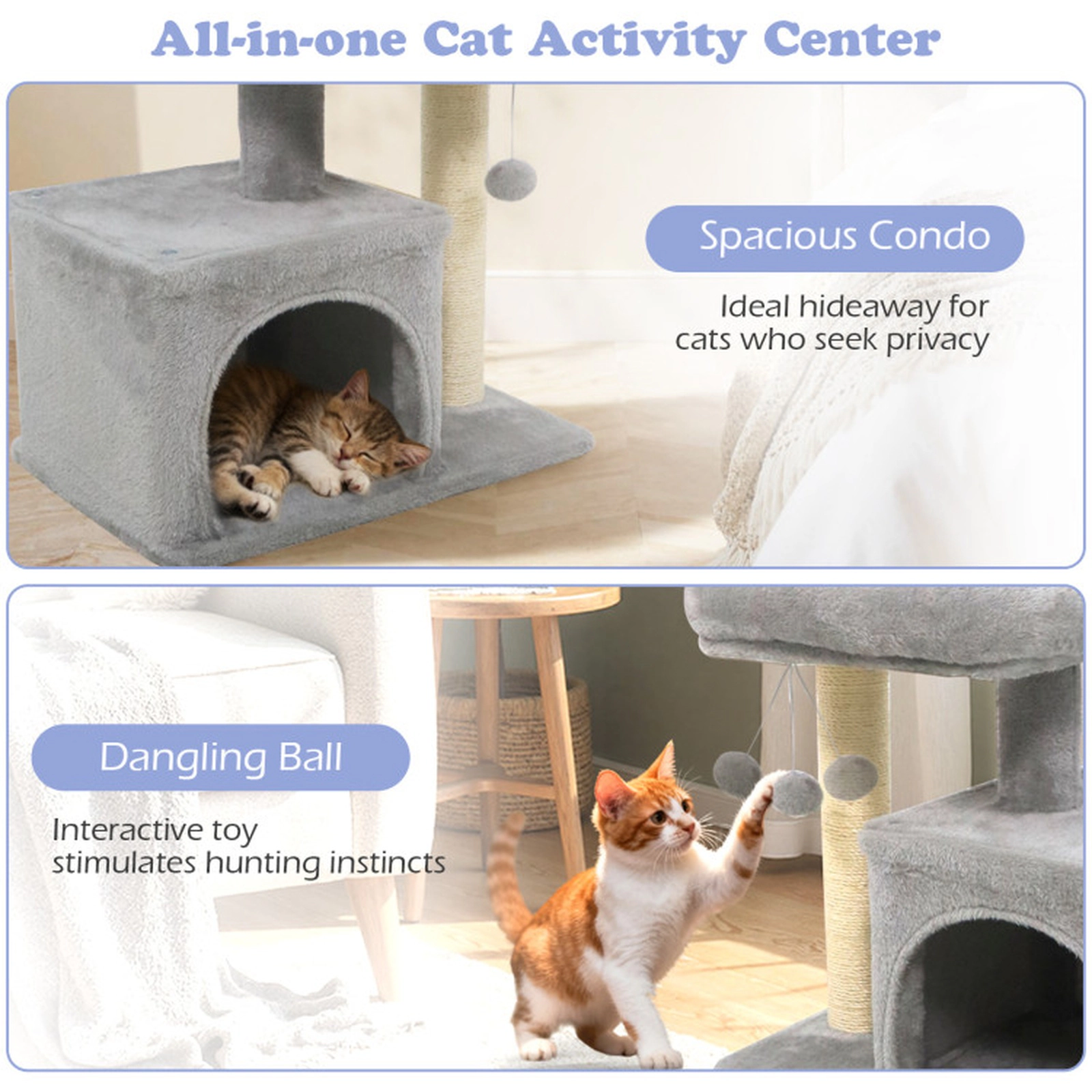 SUGIFT Light Gray Small Cat Tree with Large Padded Plush Perch and Bottom Condo
