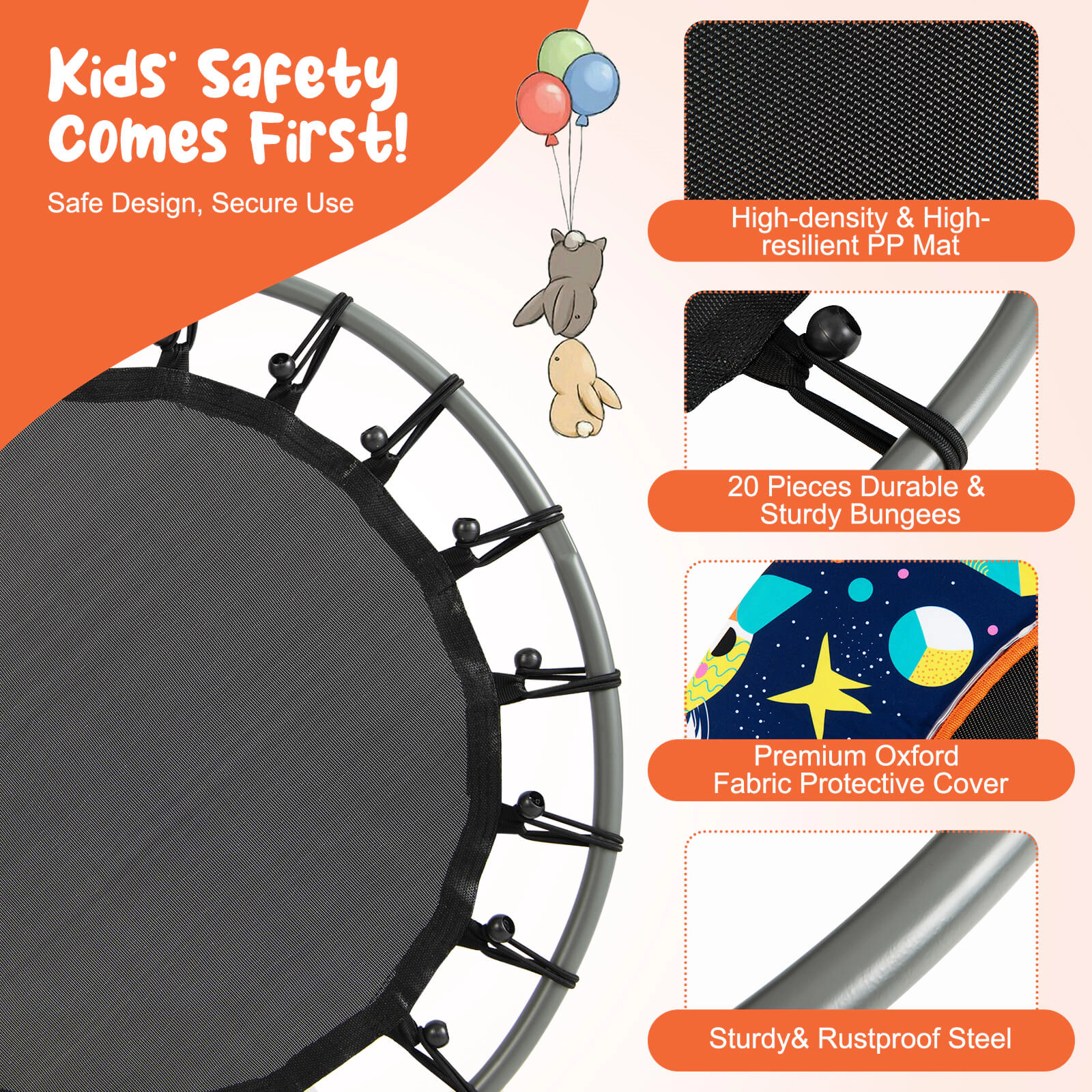 36-in Toddler Trampoline Bluetooth Speaker LED Lights Foam Handle Quiet Bungee Bounce Multicolor Ages 3+