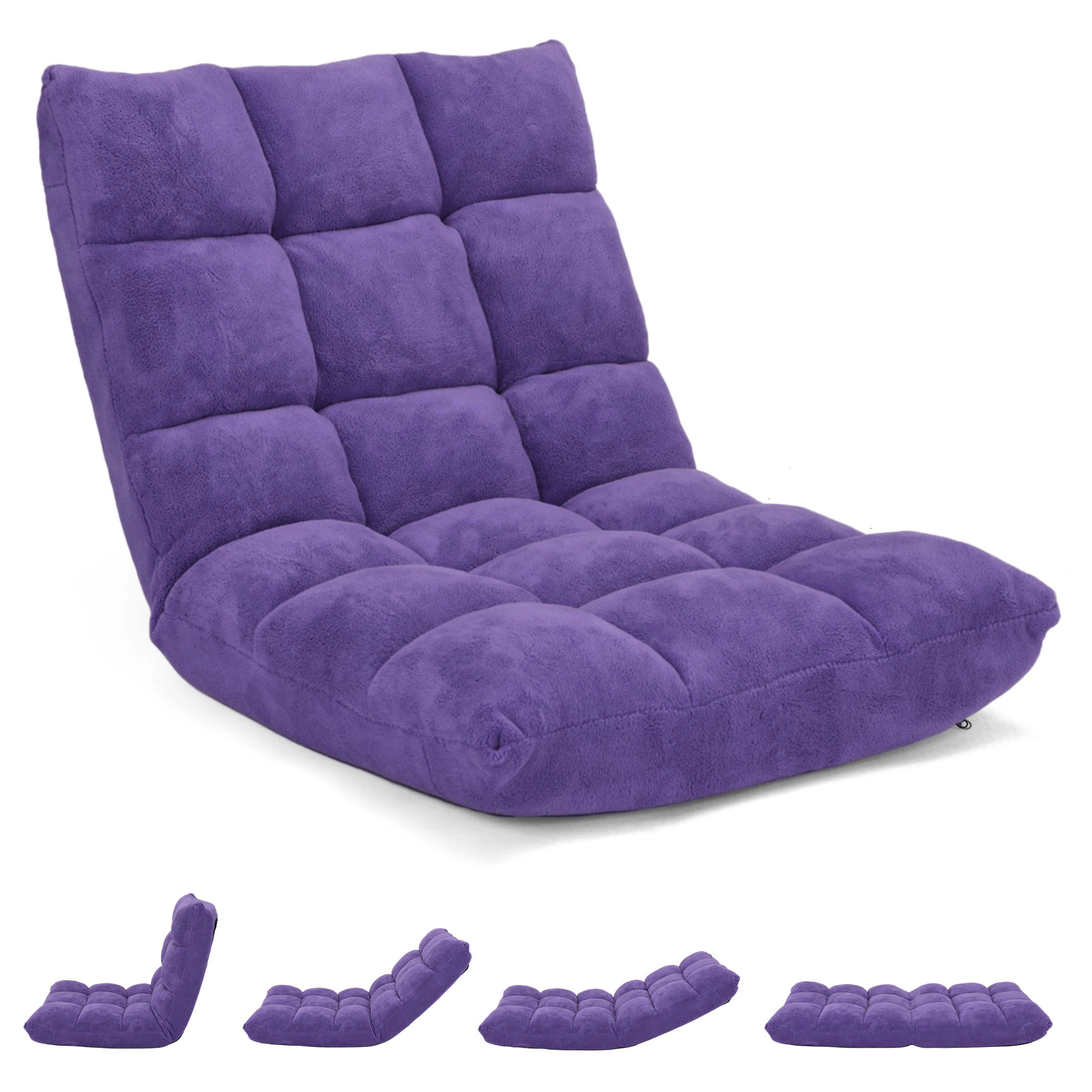 SUGIFT 14-Position Adjustable 200-lb Capacity Purple Cushioned Folding Floor Chair with Back Support